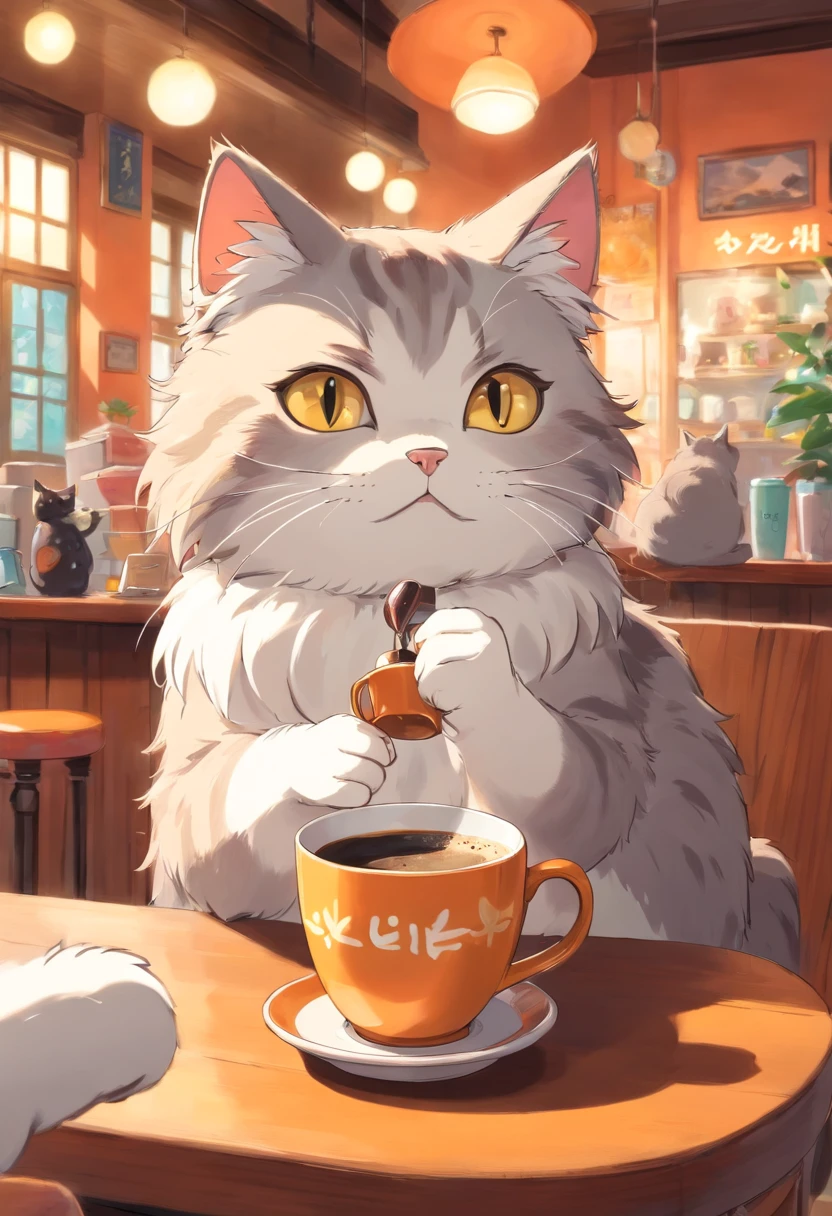 1 fluffy female cat,Angry,Drinking coffee at a cat café,