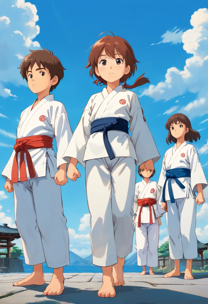 Boy in karate suit2People and girls1People are standing side by side in a brave figure、Under the blue sky