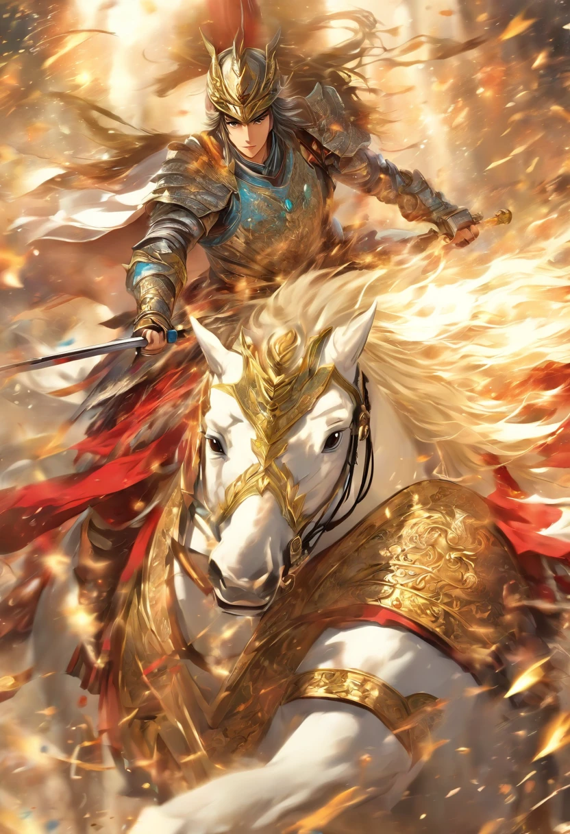 zhao yun,A young general in white,Riding a white horse is charging,Holding a silver spear in his hand,Warring states,The armor which is gorgeous with a silver-white pattern,Clear, delicate and handsome facial features,A pair of murderous eyes