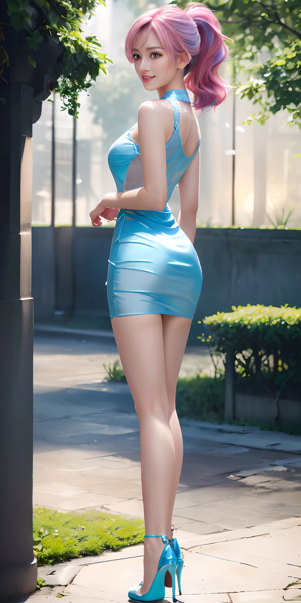 Daylight, sunlight, (perfect body: 1.1), (short wavy hair: 1.2), (Pink and blue mesh hair, Fine mesh), (Full body front view photo), (ultra-thin silk pink mini dress and fine), (high heels shoes), (in the park), (highly detailed 8k CG wallpaper), (extremely delicate and beautiful), (Masterpiece), (Best quality: 1.0), (超 high resolution: 1.0), (realistic), beautiful lightning bolts, perfect lightning bolts, realistic shadows, (high resolution), detailed skin, (beautiful hair), real hair, detailed hairs, (high ponytail), beautiful breasts, blush, photorealistic, face realistic, realistic eyes, cute smile, (((colored))), (eyeliner), (mascara), (eyeshadow), (NSFW), Comeback, (After photo), (Focus on butt) . Full length rear shot of standing in high heels) Back, (Back shot), (Focus on butt). rear shot