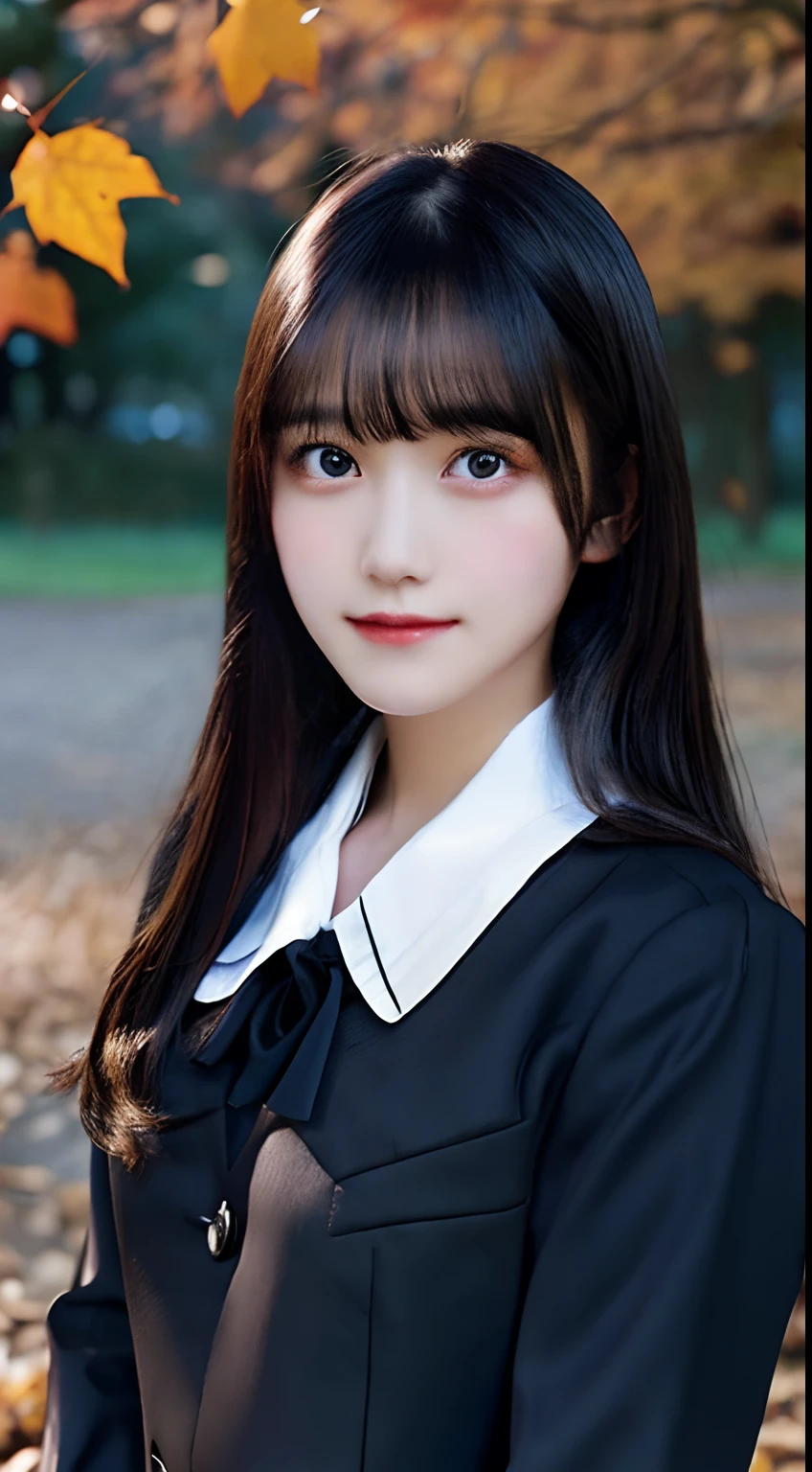 autumn leaves,moon light,beautiful forest, (midnight1.3), black shiny hair,bangs,medium hair, black eyes, big chest, (school uniform:1.3), solo, 1girl,
(masterpiece, best quality,ultra-detailed)