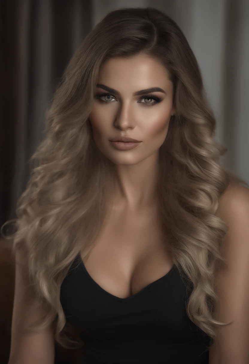,This digital illustration is an absolute masterpiece of top quality. With a stunningly beautiful and dark portrayal of the female form, it captures the essence of perfection. The intricate details and ultra-detailed 8k resolution make it a true work of art. The thick lineart, rated at 1.2, adds depth and intensity to the finely detailed portrait. The choice of a black backdrop adds to the captivating allure of this madgod creation. ultra realistisch, Akribisch detailliert, portrait sophie mudd, blonde hair and large eyes, Selfie einer jungen Frau, Augen im Schlafzimmer, Violet Myers, ohne Make-up, Natural makeup, Blick direkt in die Kamera, Gesicht mit Artgram, dezentes Make-up, Stunning full body shot, die auf dem Bett kniet, im Schlafzimmer, medium to large bust size, Sport-BH und Leggins