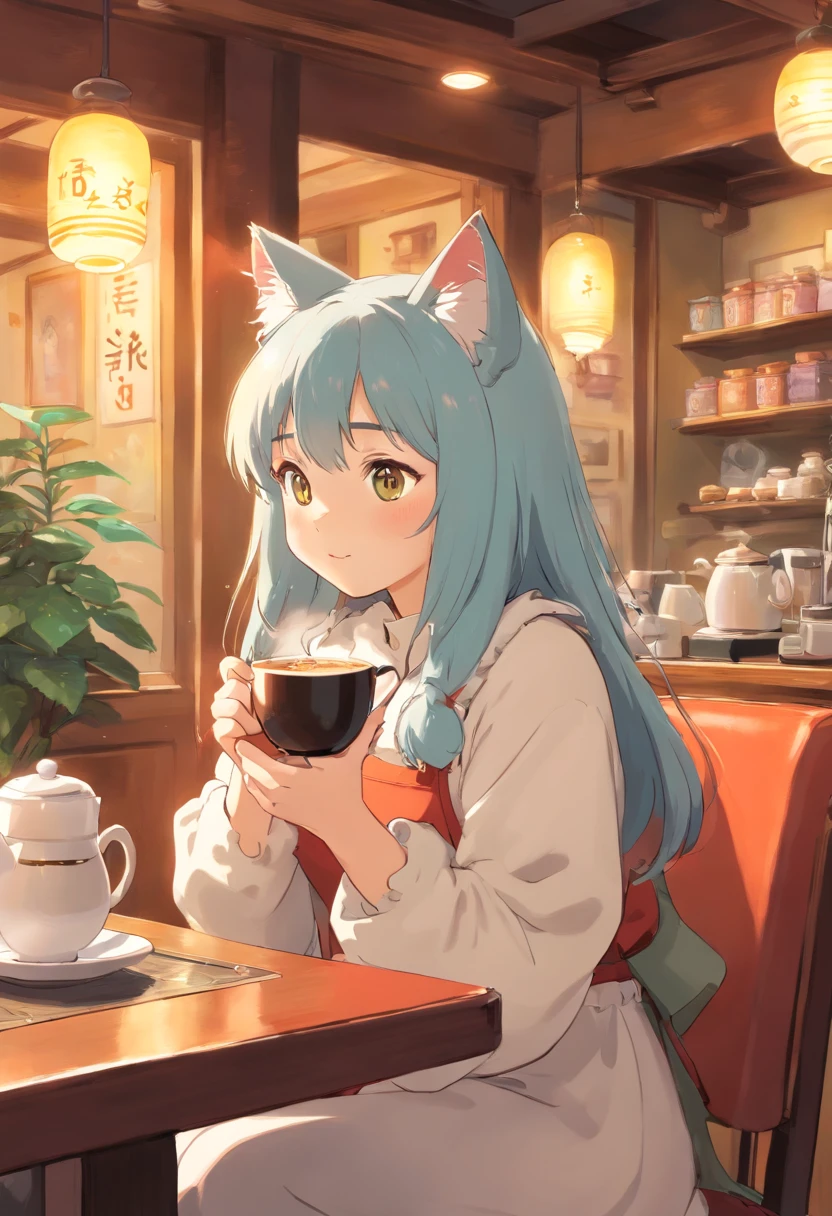 1 fluffy female cat,Shy,Drinking coffee at a cat café,