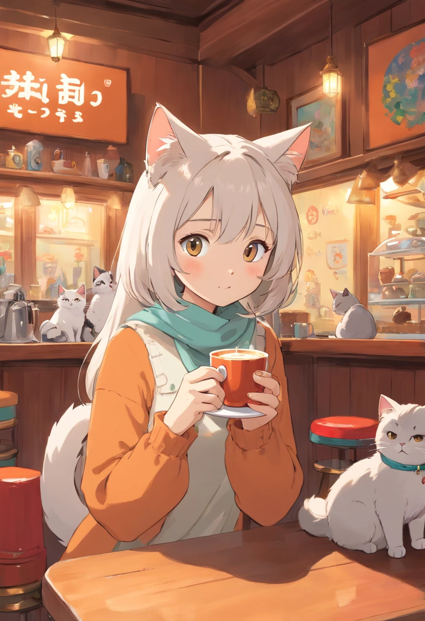 1 fluffy female cat,Shy,Drinking coffee at a cat café,