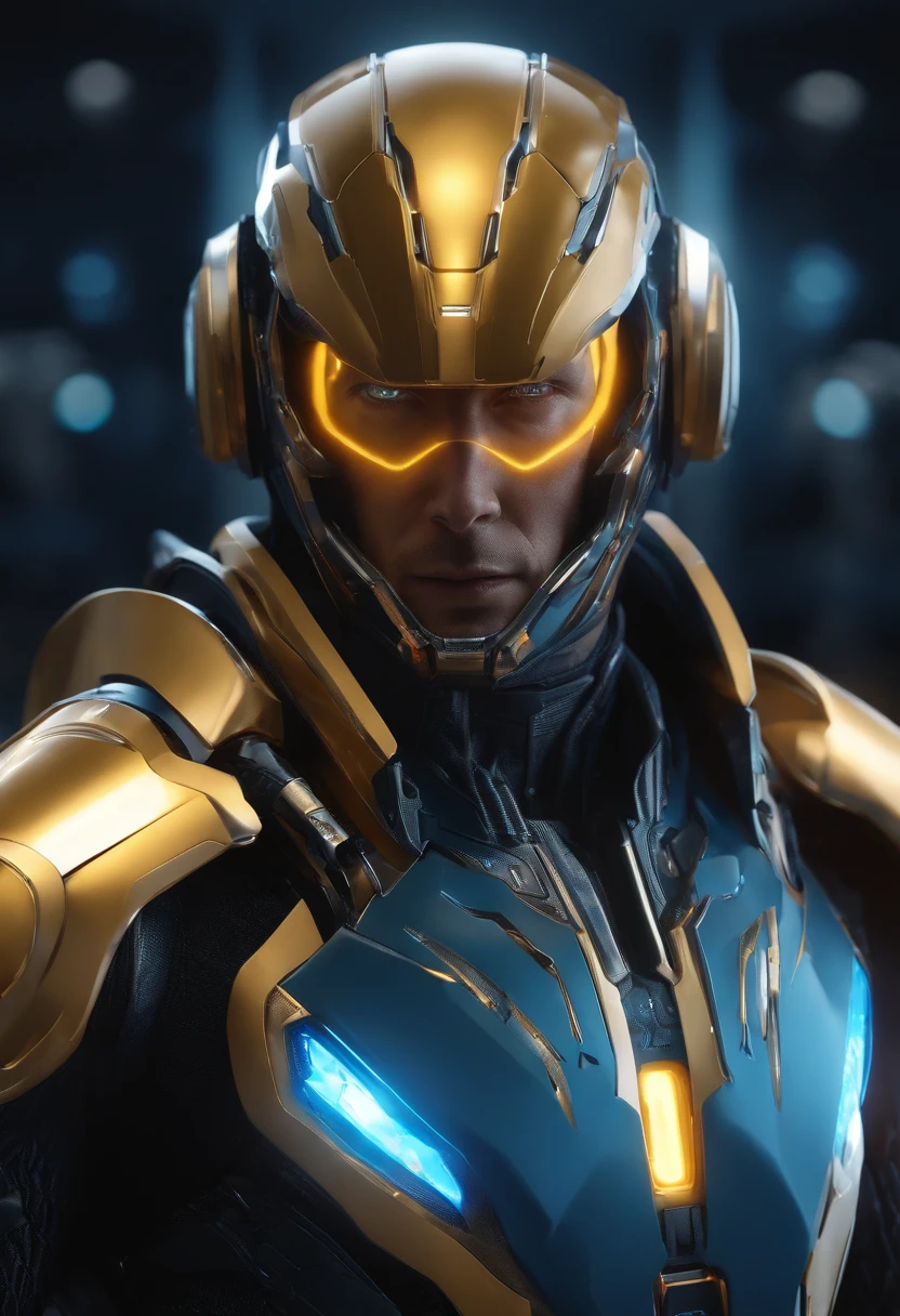 (Absurdres, Intricate Details, Masterpiece, Best Quality, High Resolution, 8k), 1 male, european, mature, aged up, handsome, finely detailed eyes and face, yellow french crop hair, blue eyes,cyborg portrait, looking at viewer, solo, (full body:0.6), detailed background, close up, detailed face, futuristic glowing steel armor, high-tech, gadgets, advanced technology, nanotech, headset, head-up display, epic galactic spaceship in background, lens flare, neon lights, electricity, explosions, screens, cinematic atmosphere, Depth of Field, VFX.
