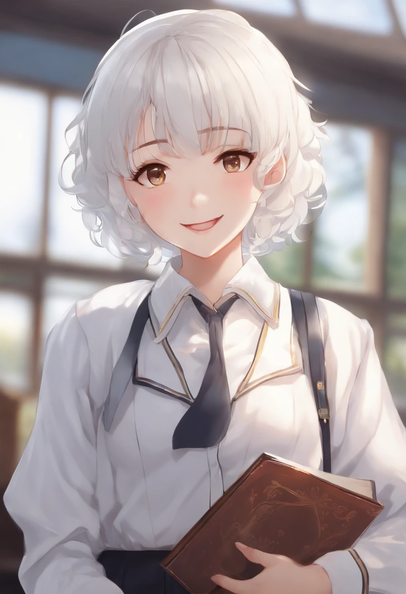 1 girl, short white hair, big chest, school uniform, white skin, anime girl, smiling look, mature appearance