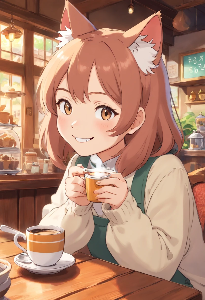 1 fluffy female cat,a smile,Drinking coffee at a cat café,