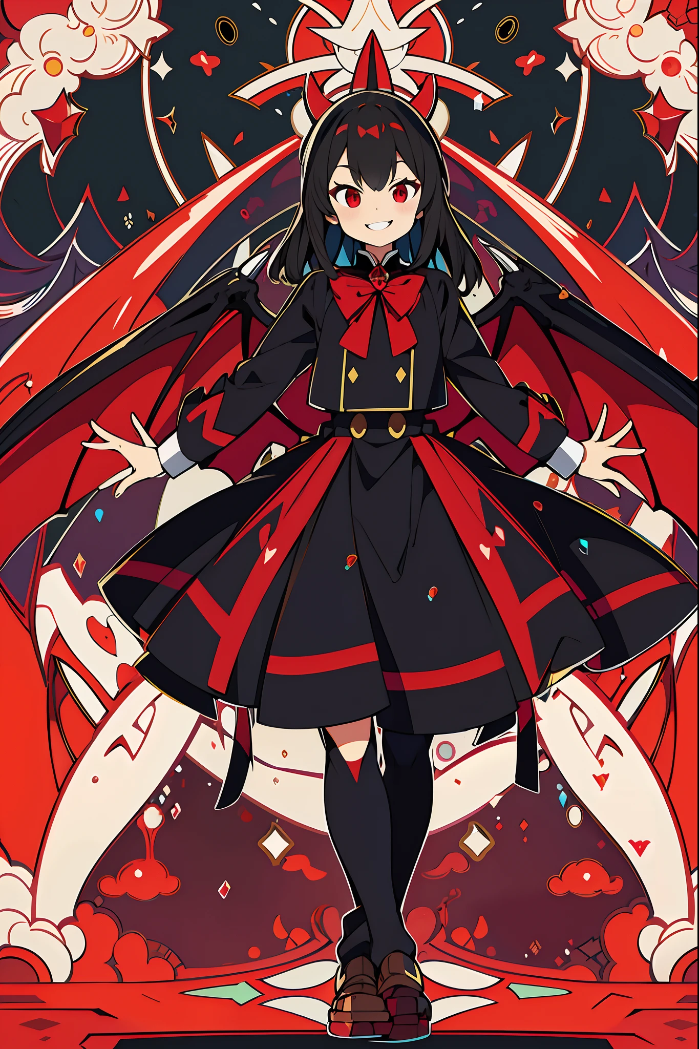 absurderes, superfine illustration,rainboweffect, hight resolution, ultra-detailliert,Light diffusion,highly detailed light reflection, Kaleidoscope, Harmonious, Best Shadow, fullllbody, zoomout, Very detailed very beautiful adult big smile, Red Eyes, Vampire tooth fangs, Boolean surface, Blood from the mouth, Smirk,Bat Wings, Cute smile, Shining red moon, beautiful detailed High school uniform
