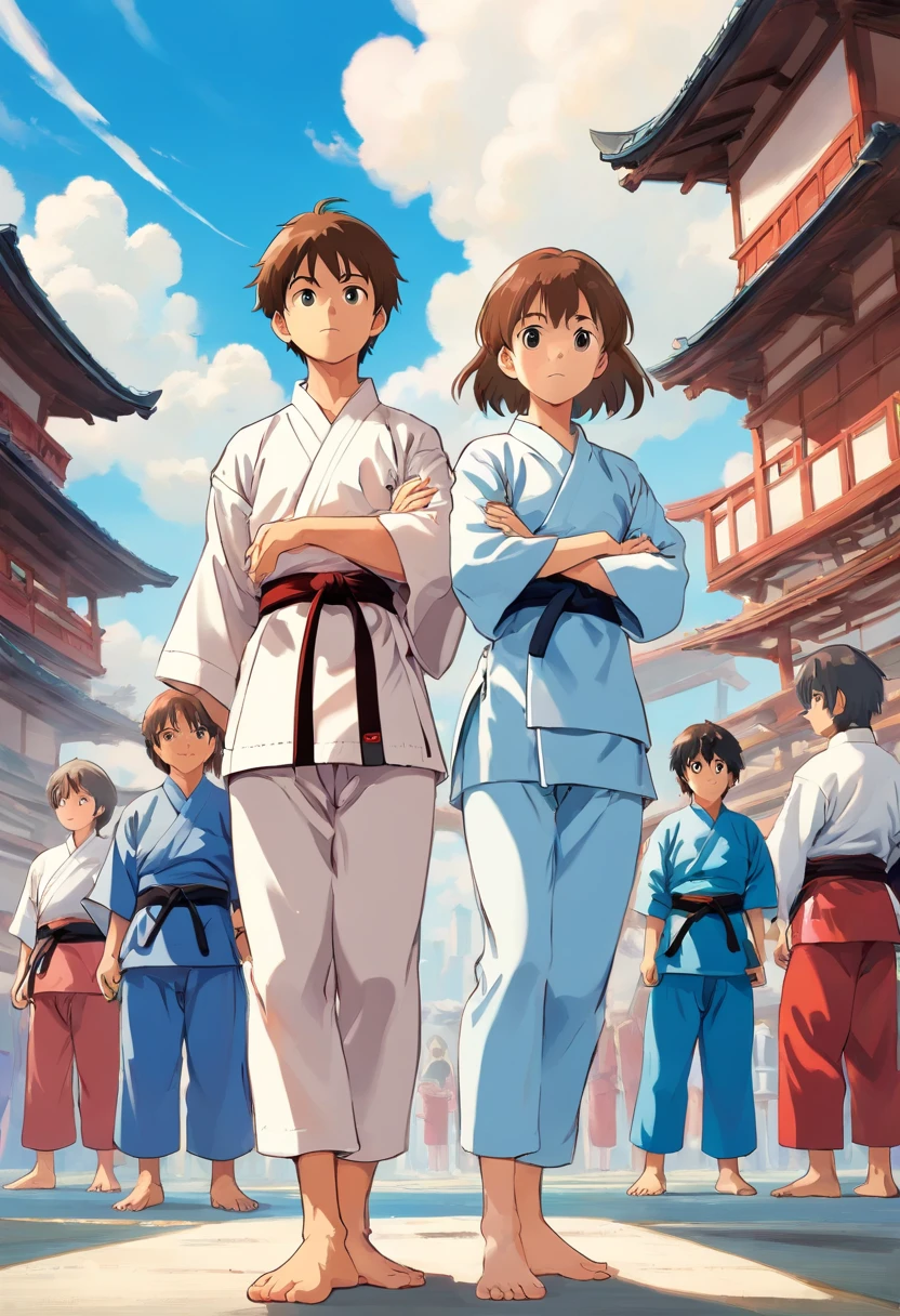 Boy in karate suit2People and girls1People standing side by side、Under the blue sky、Karate Poses