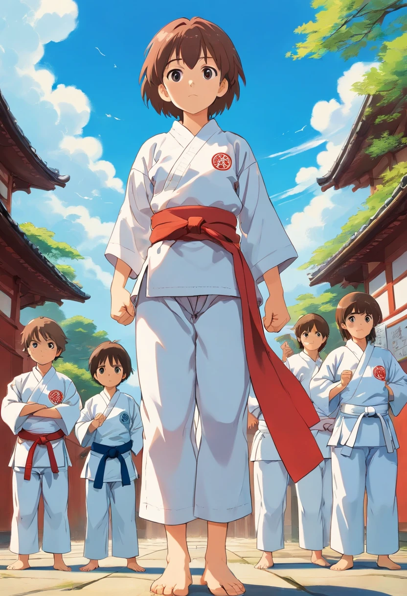Boy in karate suit2People and girls1People standing side by side、Under the blue sky、Karate Poses