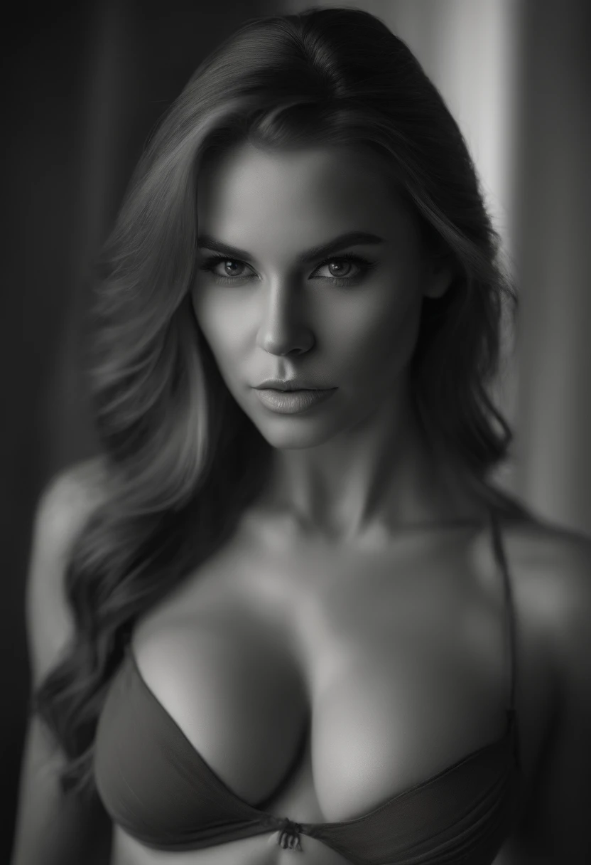 ,This digital illustration is an absolute masterpiece of top quality. With a stunningly beautiful and dark portrayal of the female form, it captures the essence of perfection. The intricate details and ultra-detailed 8k resolution make it a true work of art. The thick lineart, rated at 1.2, adds depth and intensity to the finely detailed portrait. The choice of a black backdrop adds to the captivating allure of this madgod creation. ultra realistisch, Akribisch detailliert, portrait sophie mudd, blonde hair and large eyes, Selfie einer jungen Frau, Augen im Schlafzimmer, Violet Myers, ohne Make-up, Natural makeup, Blick direkt in die Kamera, Gesicht mit Artgram, dezentes Make-up, Stunning full body shot, die auf dem Bett kniet, im Schlafzimmer, medium to large bust size, Sport-BH und Leggins