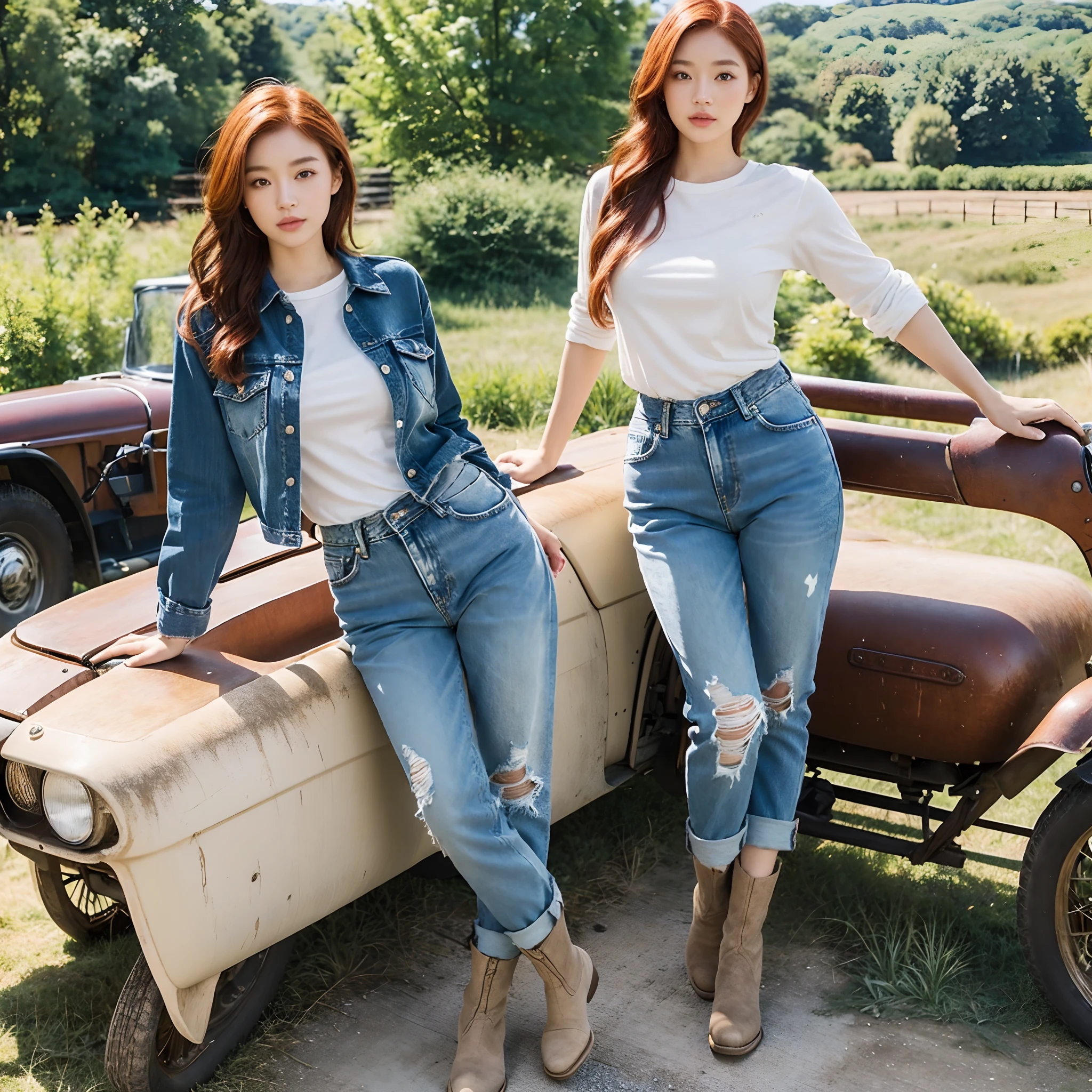 A beautiful 26 Yrs Old Half American Half Japanese Biracial female, young, white skin tone. She is a redhead, natural redhead. Eye Color is Hazel, Slender, Curvy, sexy Body, standing, posing, comfortable, rustic-chic plaid shirt, denim jeans, and ankle boots, rural countryside setting, day time, photorealistic, very detailed