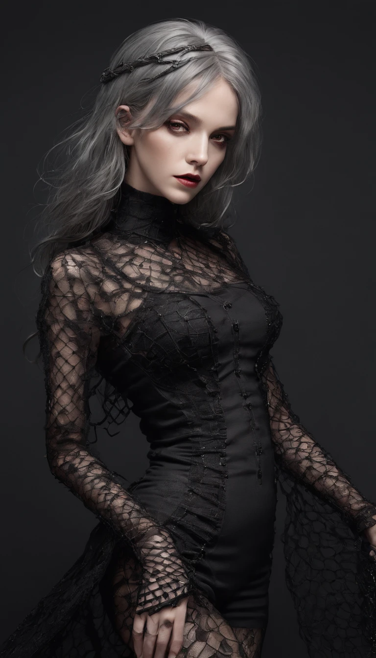 This digital illustration is an absolute masterpiece of top quality. With a stunningly beautiful and dark portrayal of the female form, it captures the essence of perfection. The intricate details and ultra-detailed 8k resolution make it a true work of art. The thick lineart, rated at 1.2, adds depth and intensity to the finely detailed portrait. The choice of a black backdrop adds to the captivating allure of this madgod creation. with gothic net symbolic clothes, 。.com (Barbed wire of the body) brunette color hair，Gray hair ends