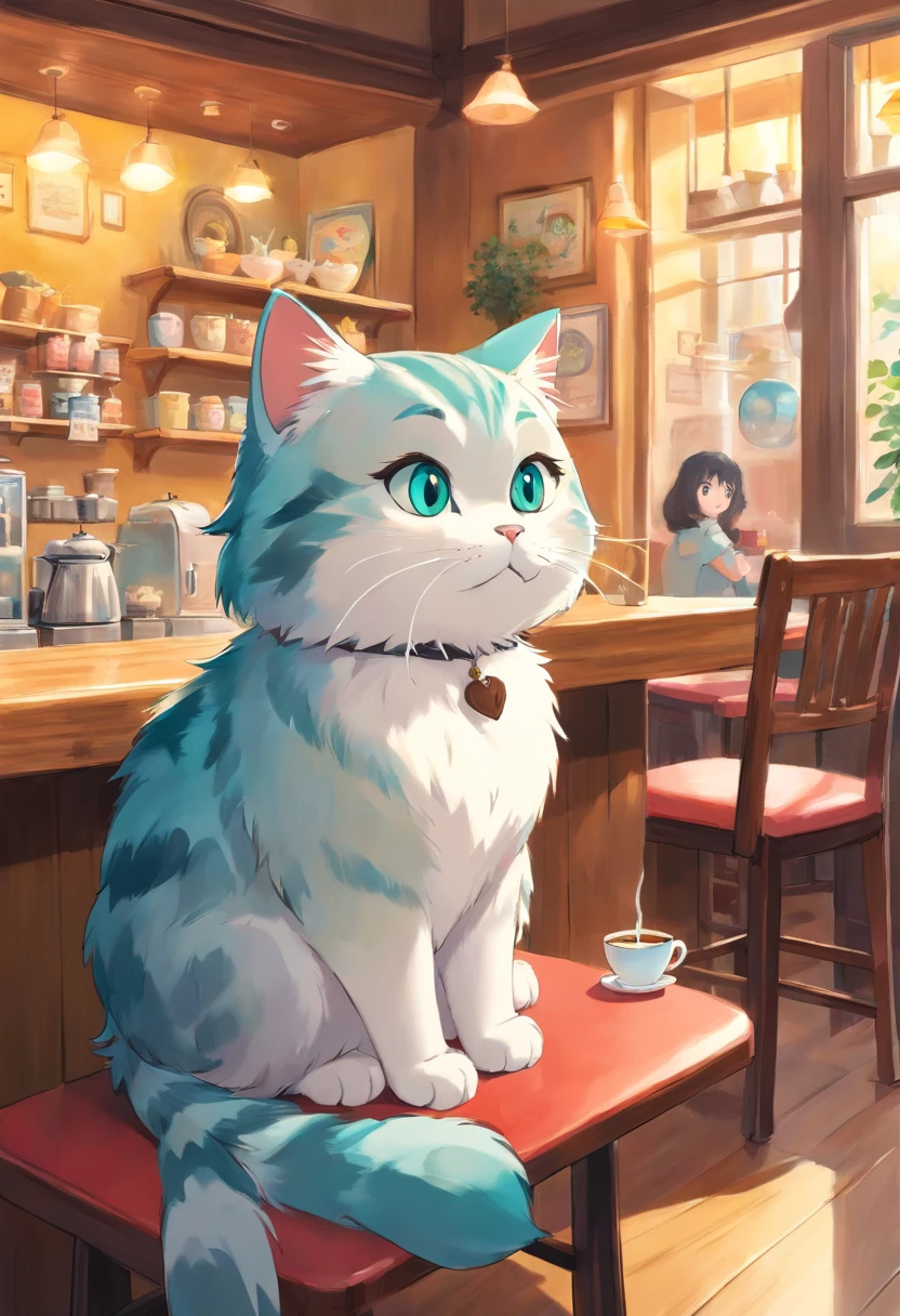 1 fluffy mackerel cat,Shy,Drinking coffee at a cat café,