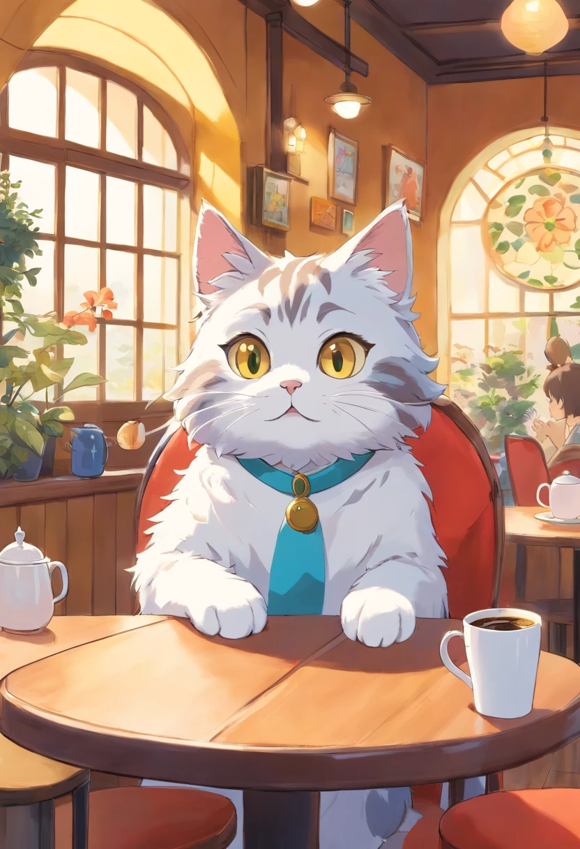 1 fluffy mackerel cat,Shy,Drinking coffee at a cat café,