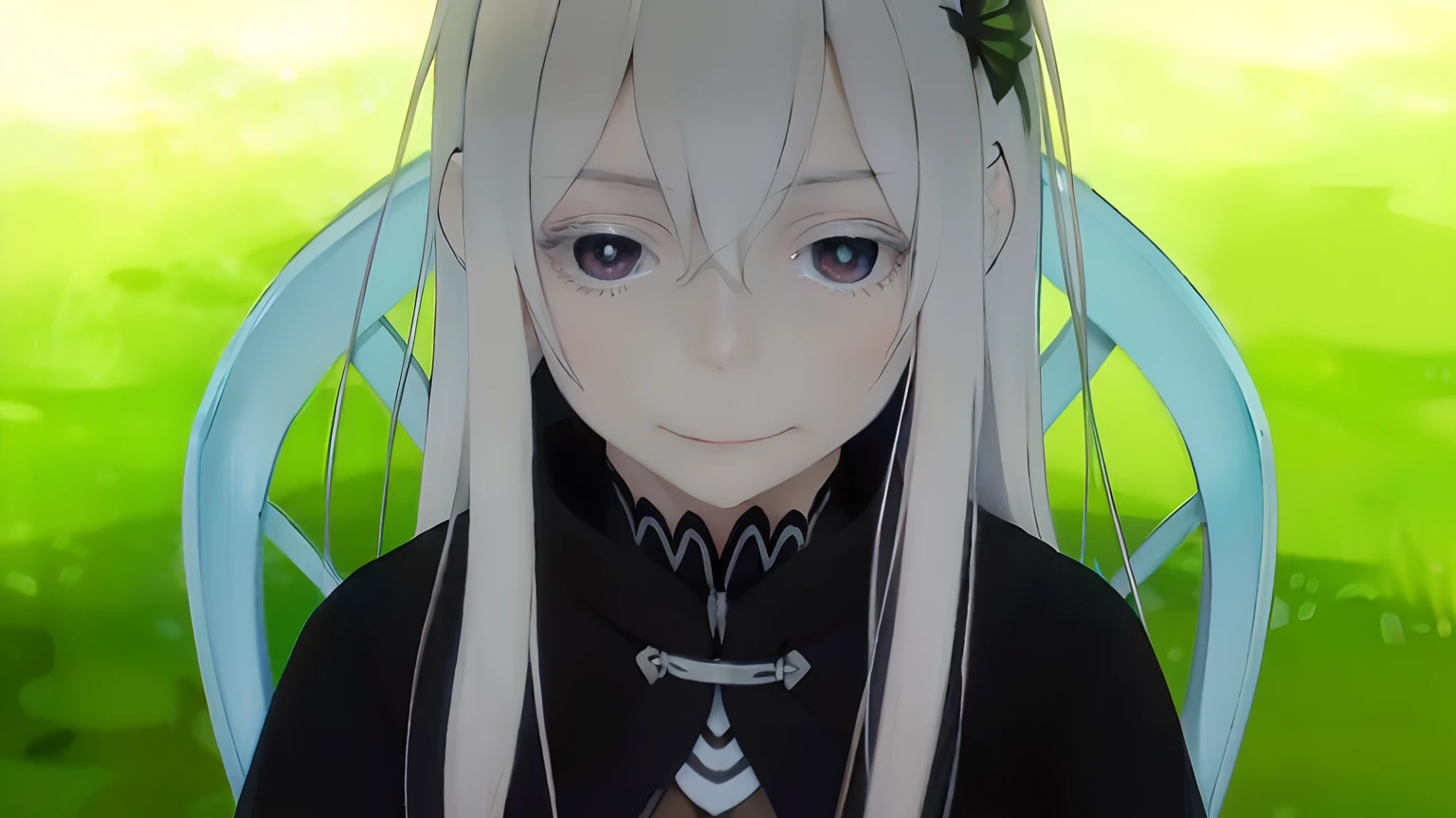 Anime girl with long white hair sitting on a chair in a field, white haired god, perfect gray hair girl, white  hair, 1 7 - year - old anime goth girl, Girl with white hair, white hair woman, White-haired, Black anime pupil in her eye, Anime visuals of cute girls, today's featured anime still, a female anime character