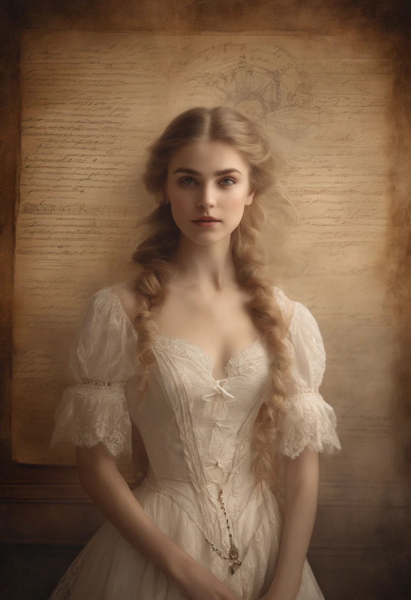 Federal Reserve image of a girl in a white lace dress and Leonardo da Vinci's notes background, Amazing young ethereal figure, portrait of the magical girl, portrait of a young witch girl, Girl in steampunk costume, Musician girl in lace dress, natalia dyer, Daphne Keane, Portrait of a young witch, A girl with magical powers, inspired by irakli nadar, Inspired by William Musteste Lockhart, Top quality, detail, detail, Masterpiece, High image quality