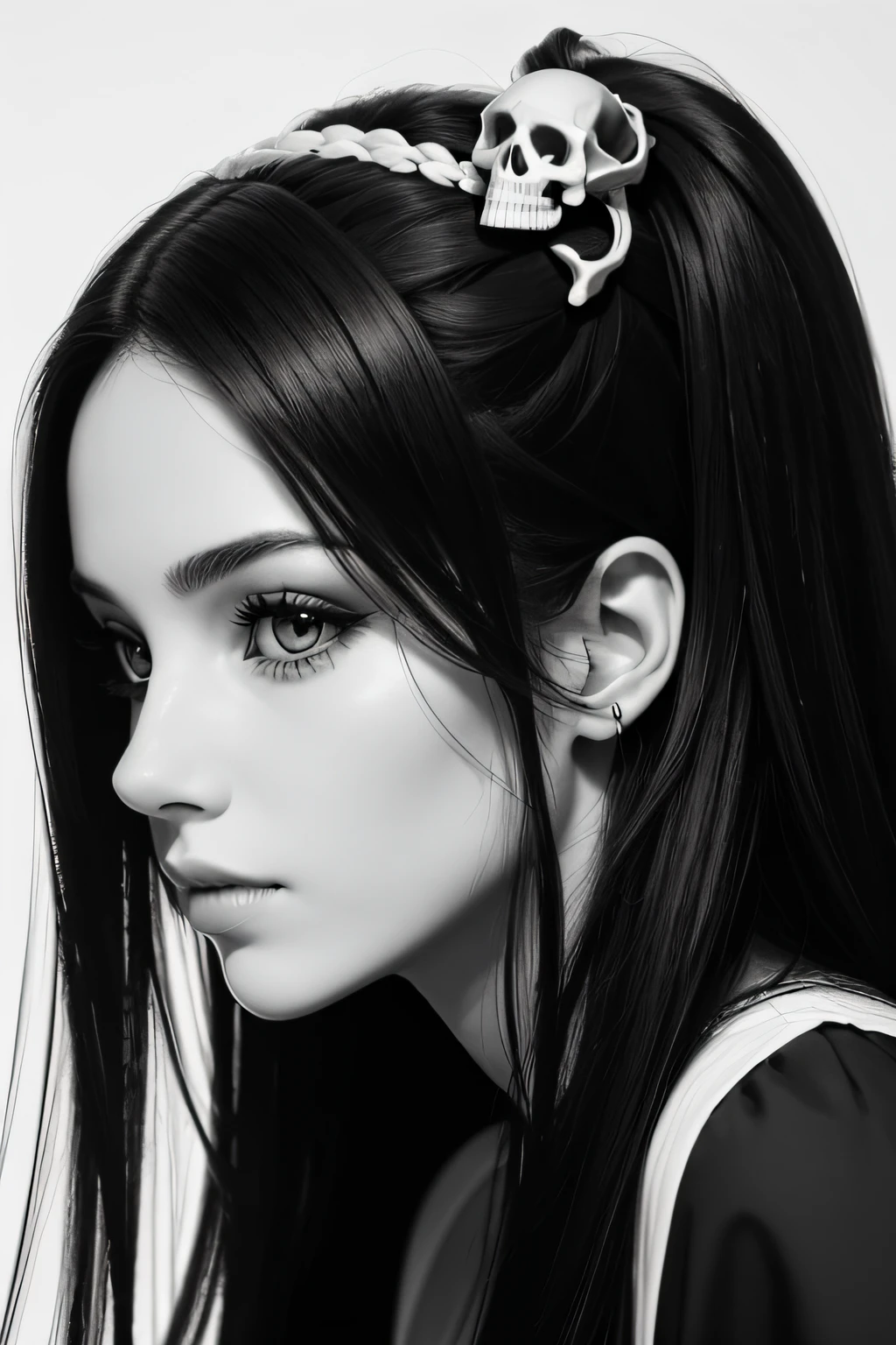 Black and white illustration of beautiful girl profile kissing skull and her long hair forming shape of love heart, Ensure a high level of detail, and place the subject against a clean white background.