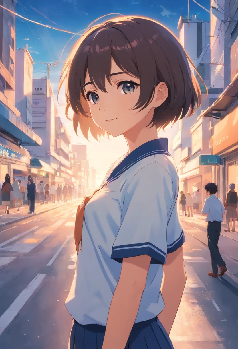 1 girl, pelo blanco corto, pecho grande, Uniforme escolar, piel blanca, Chica anime, mirada sonriente, Apariencia madura