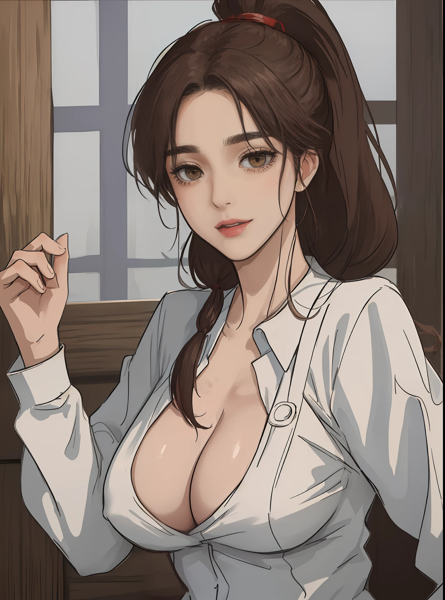 masterpiece, best quality, highest quality, perfect anatomy, highres, ultra-detailed, 8k wallpaper, texture, detail, unique, HDR, extremely detailed CG, Azuma Hisato, 1 girl, Solo, full body, standing, ponytail, brown_hair, Bangs, brown_eyes, 20yo, mature female, looking at viewer, smile, lewd face,naked boobs ,having sex,xxx, (Beautiful,large_Breasts:1.4), (beautiful_face:1.5),(narrow_waist), office outfit, office uniform