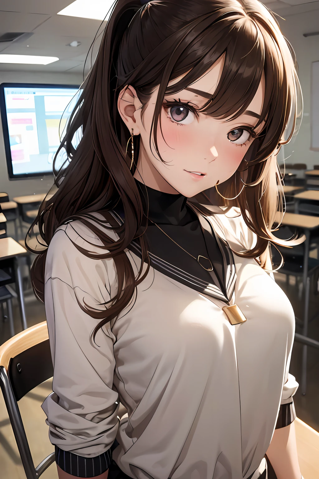 (Masterpiece: 1.3), (Maximum resolution: 1.2), (Ultra HDTV: 1.2), Cinema light, Ultra HDTV, (Detailed eyes and skin), (Detailed facial features), HDR, 8k resolution, Sharp Focus: 1.2, Perfect style, beautiful face, accurate, anatomically correct, highly detailed face and skin texture, detailed eyes, brown eyes, double eyelids, thin eyebrows, glitter eyeliner: 1.2, natural cheeks, glossy skin, fair skin: 1.2, shiny little necklace and earrings, (glossy lips: 1.4),
BREAK
first-person-view, Wearing a High school uniform, (embarrassed:1.2), (blush:1.2), Innocent and Cute girl, (ponytail in high position, wavy hair), (Light brown hair:1.2), (bangs flowing diagonally), medium long hair,
BREAK
(Full body shot: 1.2), (from below:1.3), (focus on face), ((Very intimate relationships: 1.2)), (medium large breasts:1.1), ((Standing with closed legs:1.2)),
BREAK
(((In the classroom: 1.2)), (looking down at viewer:1.2)),