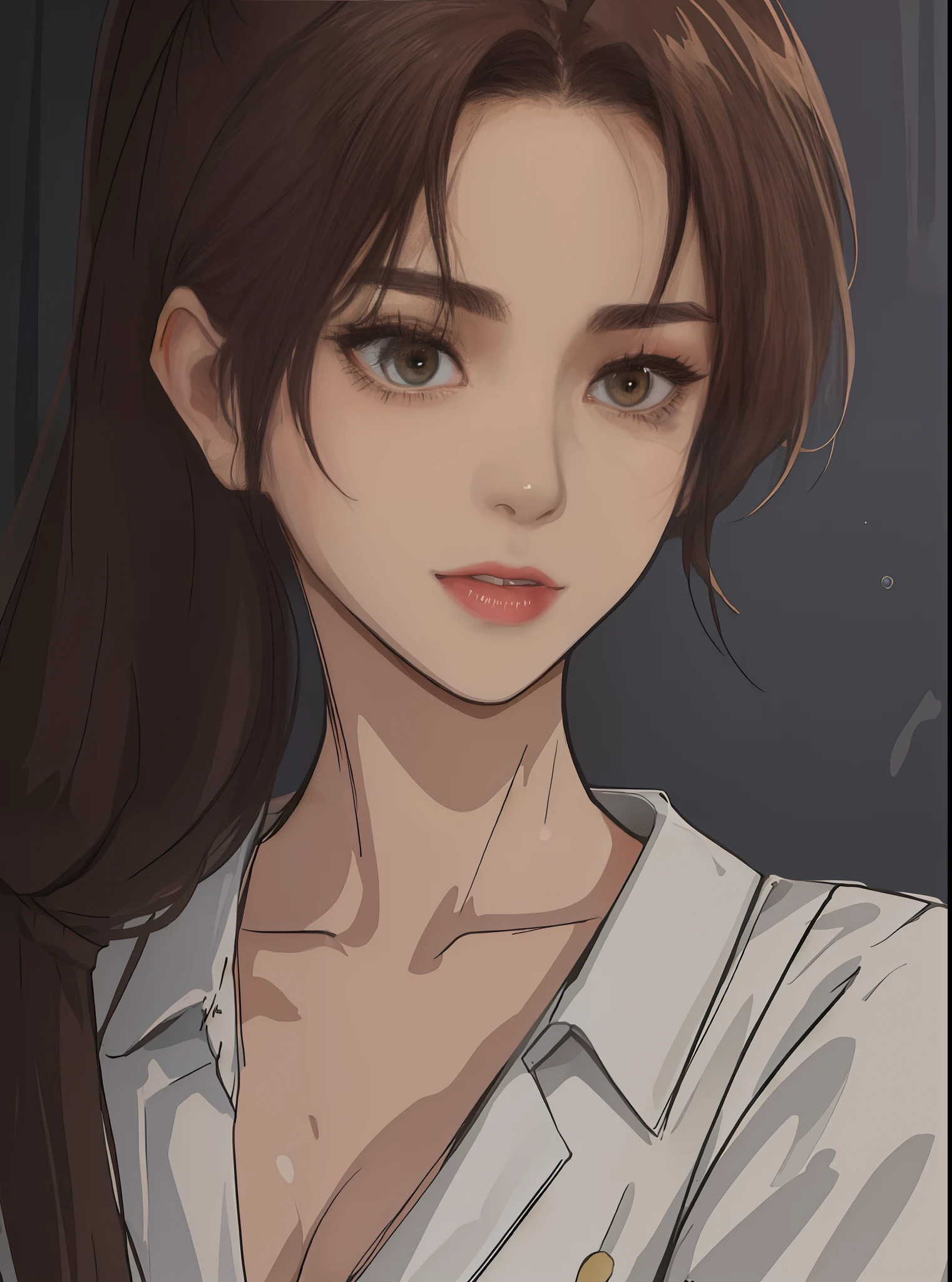 masterpiece, best quality, highest quality, perfect anatomy, highres, ultra-detailed, 8k wallpaper, texture, detail, unique, HDR, extremely detailed CG, Azuma Hisato, 1 girl, Solo, full body, standing, ponytail, brown_hair, Bangs, brown_eyes, 20yo, mature female, looking at viewer, smile, lewd face,naked boobs ,having sex,xxx, (Beautiful,large_Breasts:1.4), (beautiful_face:1.5),(narrow_waist), office outfit, office uniform