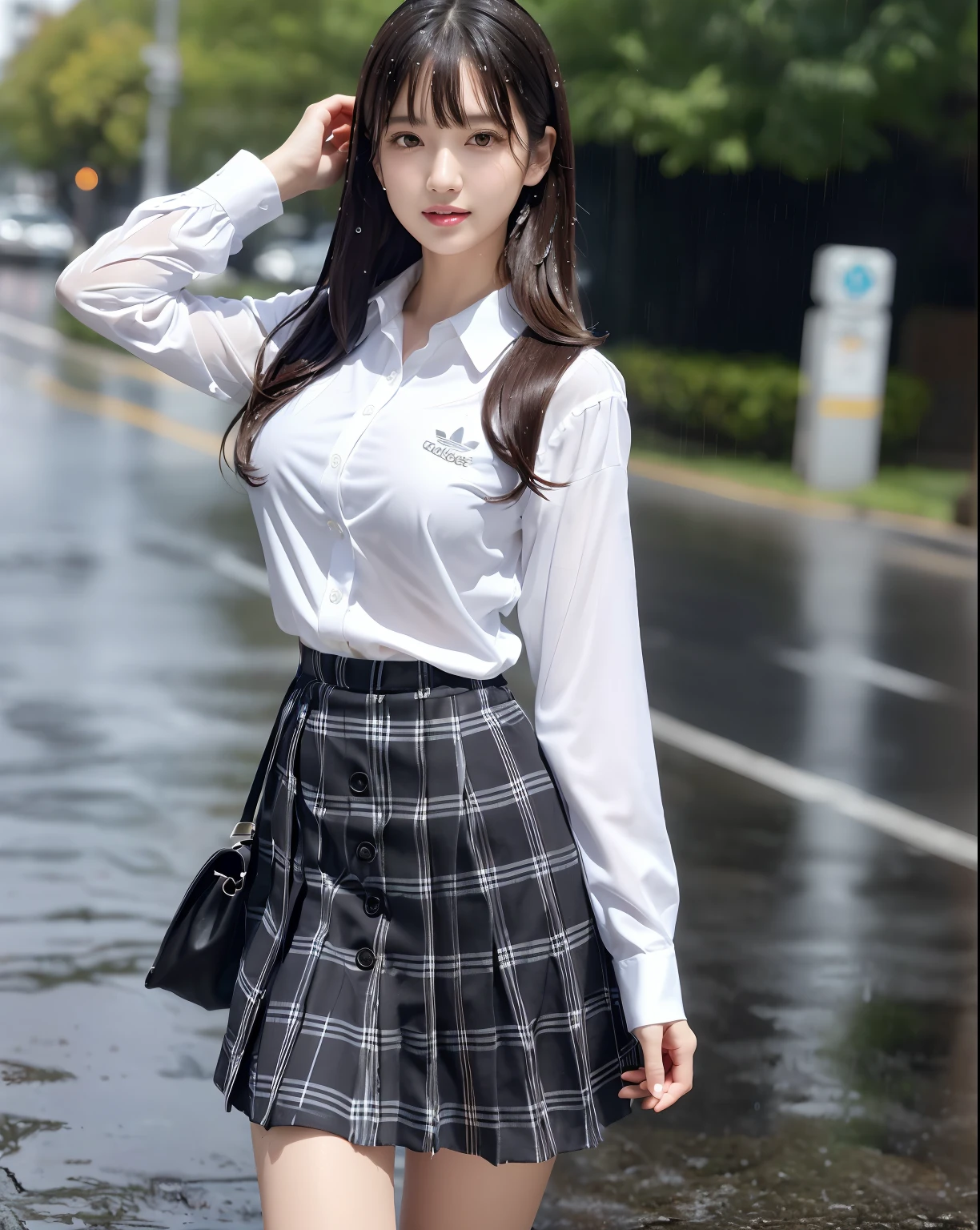 (masutepiece:1.3), (8K, Photorealistic, Raw photo, Best Quality: 1.4), Japanese, (1girl in), Beautiful face, (Realistic face), (Black hair), Beautiful hairstyle, Realistic eyes, Beautiful detailed eyes, (Realistic skin), Beautiful skin, Attractive, 超A high resolution, A hyper-realistic, Highly detailed, Golden ratio、(Fair skin:1.2), Glowing eyes, (Faint lips:1.2), (Refreshing breeze:1.3), (Medium Messy Hair, Bangs:1.3), (Brown eyes), (slender), (flat chest:1.4), (Face and leg shots:1.3), (Standing, Side view), (Smile:1.2), (White Long Sleeve Button Down Shirt, Black School Ankle Socks, Adidas_sneakers, Plaid pleated midi skirt, School Bow Ties:1.3), (rucksack:1.2),(japanaese girl:1.2), (Idol:1.3)、(no-bra)(Small beautiful hard(Thin, moist buttons up to shirt length:1.1)、(Uniform wet in the rain)、a street、wetbody:1.1、