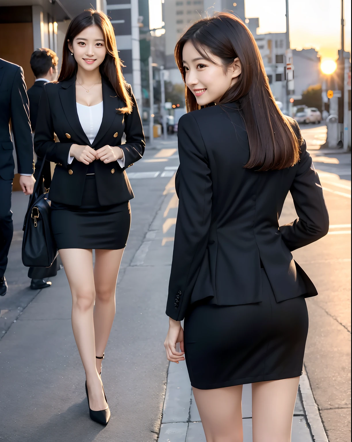 (masutepiece:1.3), (8K, Photorealistic, Raw photo, Best Quality: 1.4), Japanese, (1girl in), Beautiful face, (Realistic face), (Black hair), Beautiful hairstyle, Realistic eyes, Beautiful detailed eyes, (Realistic skin), Beautiful skin, Attractive, 超A high resolution, A hyper-realistic, Highly detailed, Golden ratio, (Full body:1.37), (One woman in detailed pencil skirt and suit jacket:1.4), (Office Lady), professionattire, high-heels, (Happy smile:1.3), (Long straight hair with a flowing shine:1.3), BREAK, (huge-breasted, Big ass:1.3), Scenery, (Beautiful sunrise background:1.2), from behind, backshots, Arched back, (arms behind back), Beautiful detailed eyes, Looking at Viewer, From below, (No makeup), (Cute), Photon mapping, (Professional Lighting), finely detail,