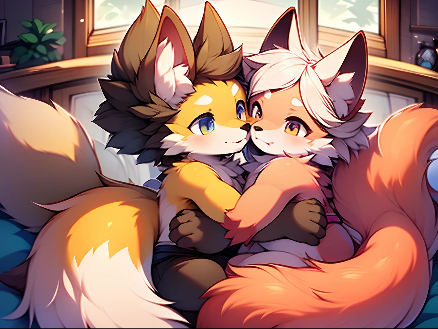 Best quality fluffy, cute fox, Two foxes,Male and female cuddles,Two foxes,Yellow fur,hairy pubic,kiss