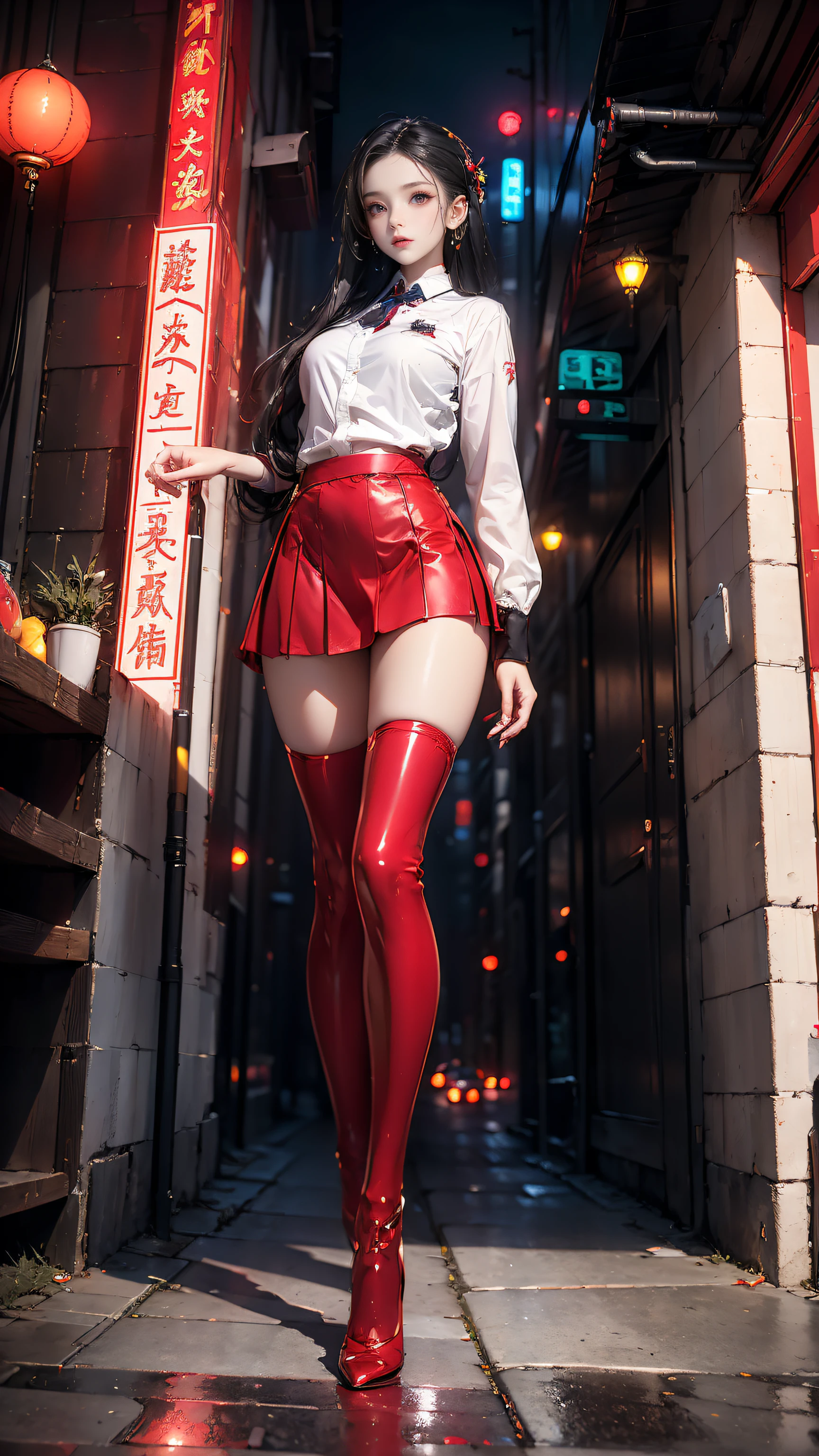 Masterpiece,Best quality,A high resolution, 1girll,From below,(Very thin and straight legs)，,(Very long legs，Straight legs),,High heels,long leges,standing on your feet, Long legs as seen from the front, Perfect body,with perfect legs,(exteriors)，full bodyesbian，cyber punk perssonage，dynamicposes，1girll，Elaborate Eyes，Brown eyes，eye shadows，putting makeup on，long whitr hair， 详细的脸， Detailed eyes， looking at viewert， blusher\（putting makeup on\）， full pouty lips， Redlip，（long whitr hair：1.3）， （standing on your feet）Mechanically static，Mechanical summoning，(hair adornments:1.1)，head gear，((((Red suit school uniform，red school uniform))))，(black lence stockings，Stocking suspenders)，城市，Luminescent windings，Glowing butterflies，Cyberpunk lights:1.1)，neonlight，Fully mechanical and futuristic elements，technologies，The background is a traditional Chinese street，china town， the street， Skysky， cyber punk perssonage， paper lanterns， Neon Super Resolution，（真实感：1.3），1（Slim：1.2），dramatic lights，vibrant detail，Luxurious cyberpunk，the complex background，rendering by octane，