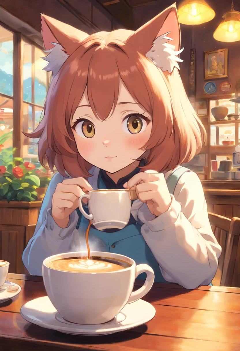 1 fluffy female cat,Embarrassing,Drinking coffee at a cat café,