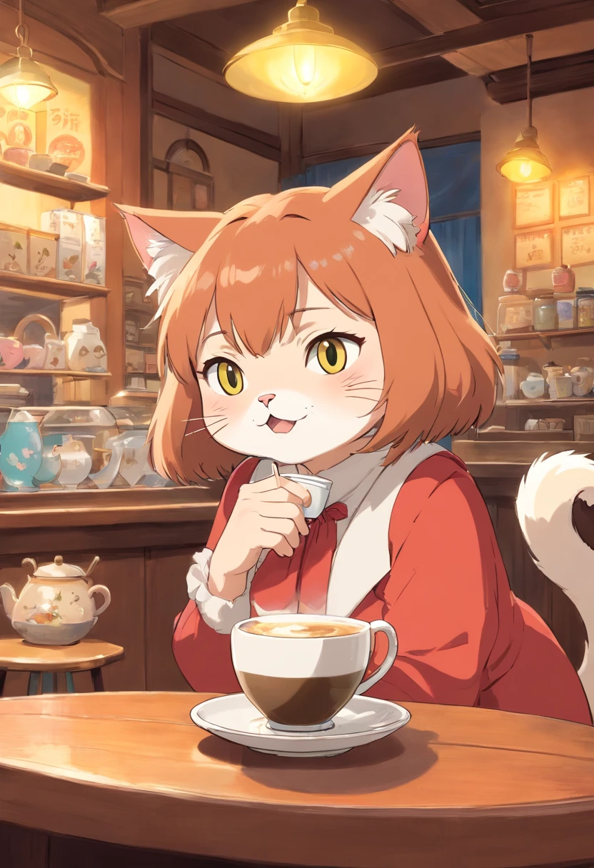 1 fluffy female cat,Embarrassing,Drinking coffee at a cat café,