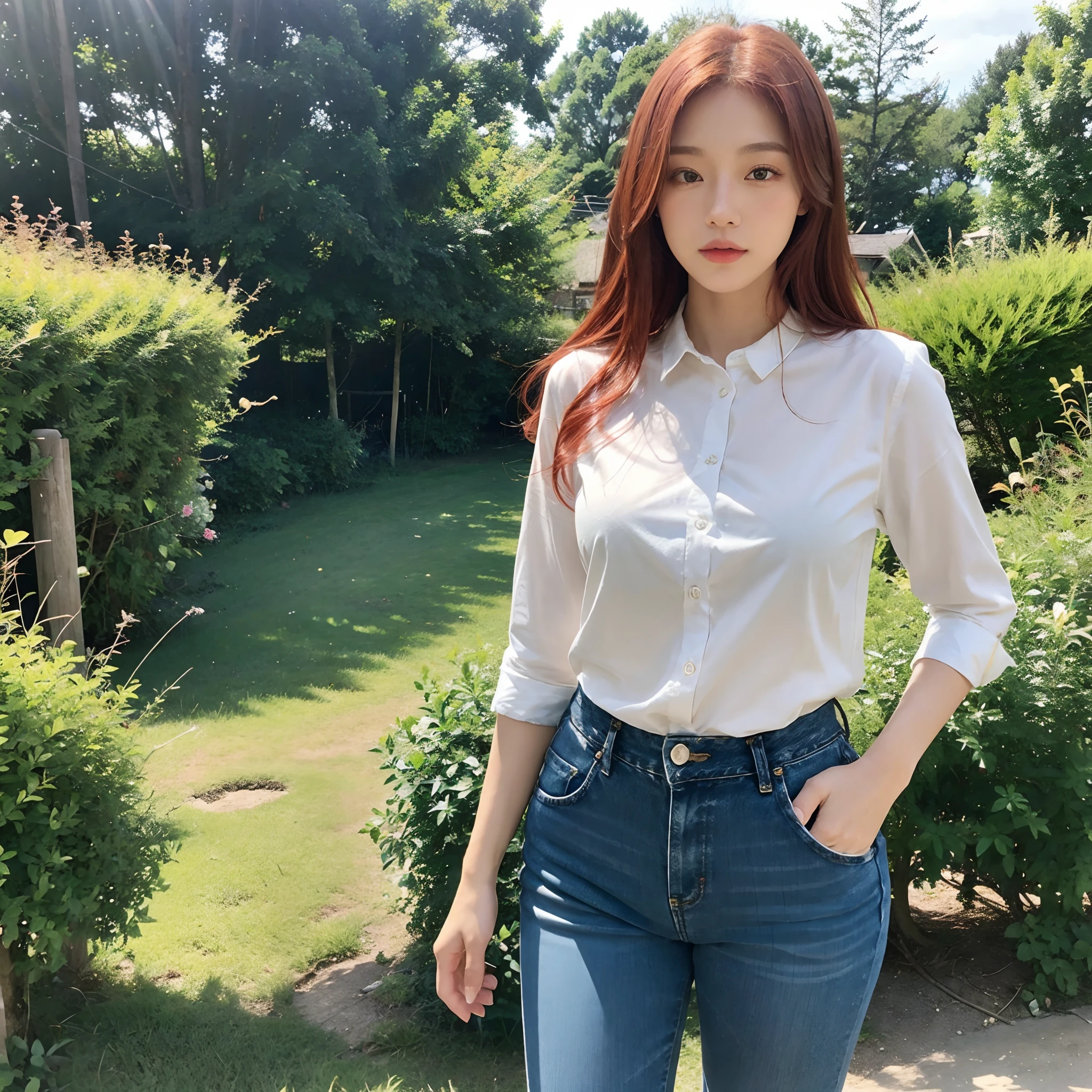 A beautiful 26 Yrs Old Half American Half Japanese Biracial female, young, white skin tone. She is a redhead, natural redhead. Eye Color is Hazel, Slender, Curvy, sexy Body, standing, posing, alone, comfortable, rustic-chic plaid shirt, denim jeans, and ankle boots, rural countryside setting, day time, photorealistic, very detailed, close-up