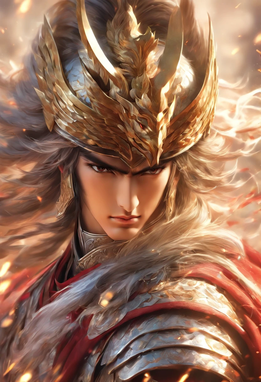 zhao yun,A young general in white,Holding a silver spear in his hand,Warring states,The armor which is gorgeous with a silver-white pattern,Clear, delicate and handsome facial features,A pair of murderous eyes,Very clearly visible face,Riding a white steed is charging,Lead the way