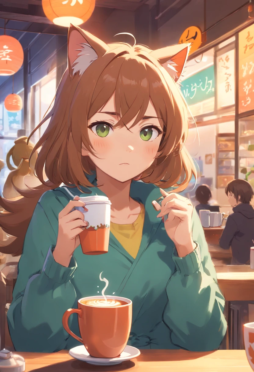 1 fluffy female cat,Angry,Drinking coffee at a cat café,