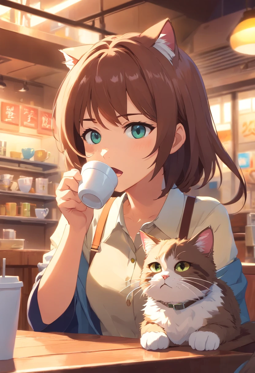 1 fluffy female cat,Angry,Drinking coffee at a cat café,