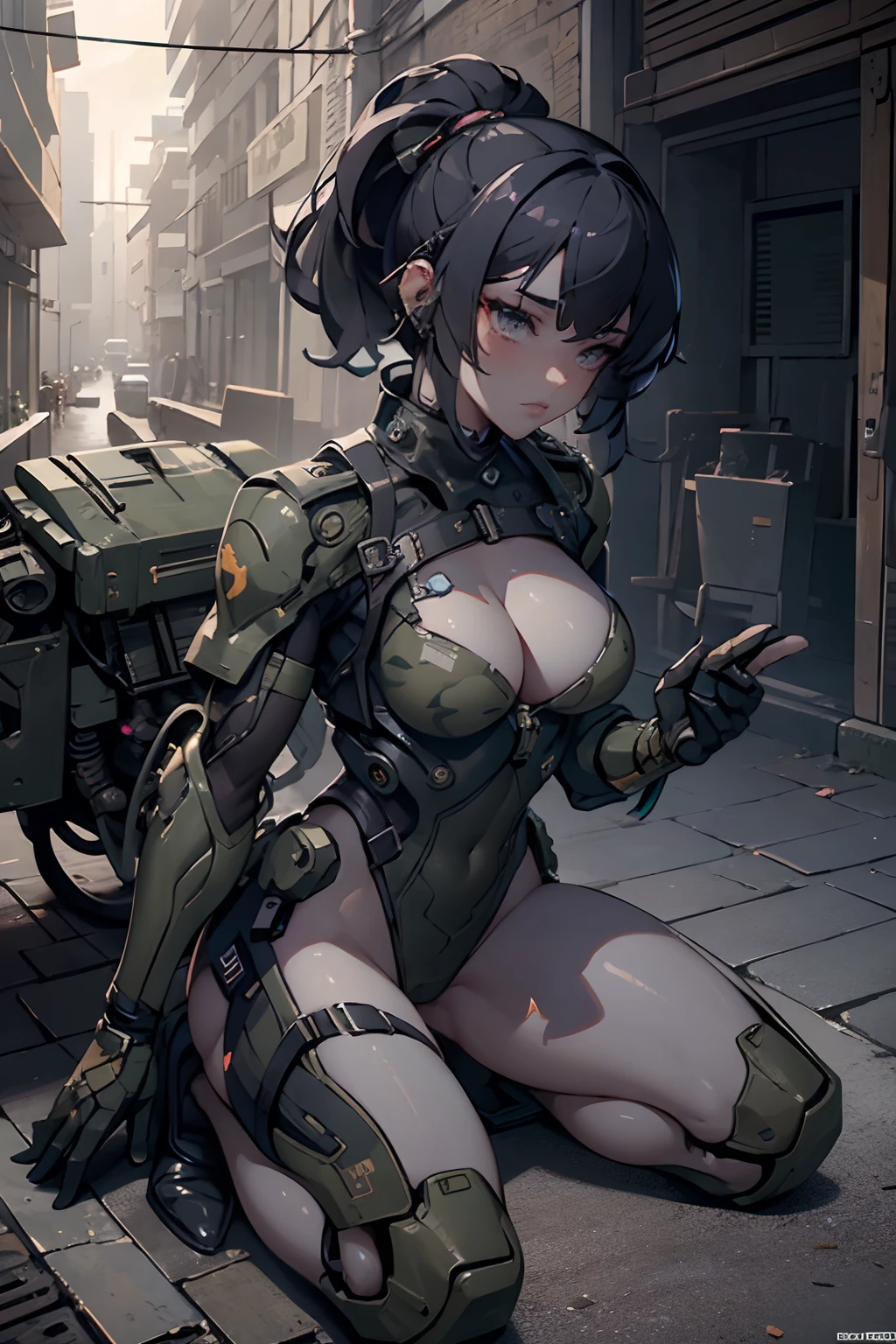Beautiful Alluring cyberpunk female soldier, wearing camo colored suit, camo armor, camo leotard, glowing parts, exposed mechanical arms, exposed mechanical legs, Athletic Well Toned Body, Elegant Form, Barely Clothed, cleavage, Beautiful Face, Ominous cyberpunk Theme, Fiverr Dnd Character, Octane Render, Digital Art, Extreme Detail, 4k, Ultra Hd, Polished, Beautiful, Hyperdetailed, Intricate, Elaborate, Meticulous, Photorealistic, Sharp Focus, Wlop, Character Design, Unreal Engine, 3d Rendered, Volumetric Lighting, Reflections, Glossy, Digital Illustration, Sensual Pose, Suggestive Pose, Lewd, Full Body Shot, anatomically correct, 💖❤💕💋❣