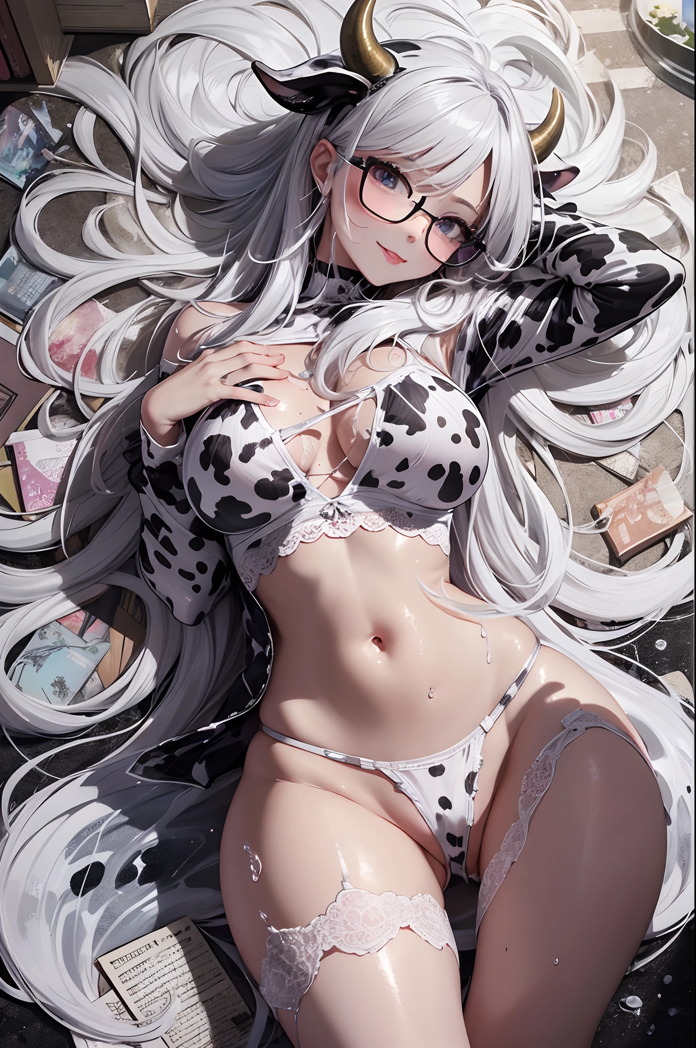 16K Ultra High Definition
Super detailed
Masterpiece Full Color
Shiny detailed hair
Beautiful human woman with long gray hair
Super big breasts beautiful breasts、Sleeping on the floor、A large amount of white slime on the floor、Large translucent white slime on the chest、Countless white slimes on the thighs、Books are cluttered、Books and bodies are very wet、
Sexy little underwear with black and white cow print、Pink 、
Cow ears and cow small horns
Shiny skin
Red cheeks
Moist eyes and embarrassed expression
Wearing glasses
tongue、Seduce with a bewitching smile
The background is the library