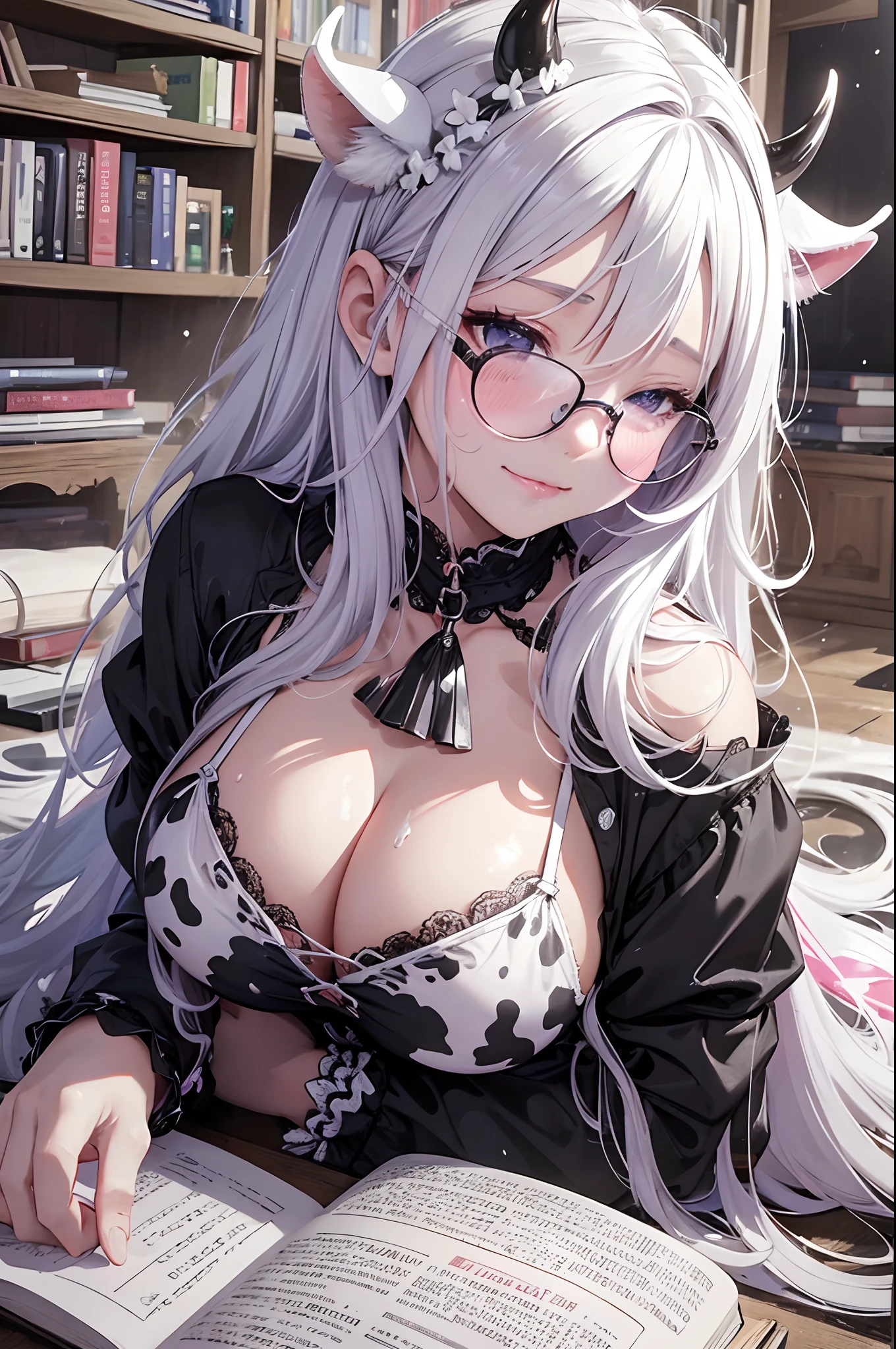 16K Ultra High Definition
Super detailed
Masterpiece Full Color
Shiny detailed hair
Beautiful human woman with long gray hair
Super big breasts beautiful breasts、Sleeping on the floor、A large amount of white slime on the floor、Large translucent white slime on the chest、Countless white slimes on the thighs、Books are cluttered、Books and bodies are very wet、
Sexy little underwear with black and white cow print、Pink 、
Cow ears and cow small horns
Shiny skin
Red cheeks
Moist eyes and embarrassed expression
Wearing glasses
tongue、Seduce with a bewitching smile
The background is the library