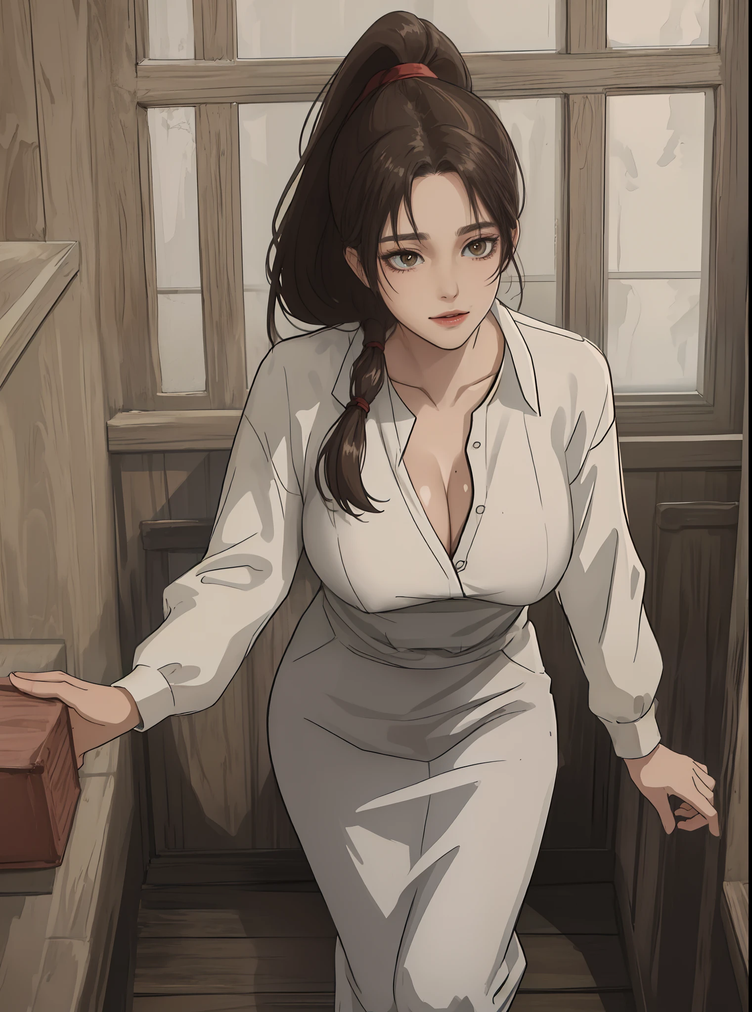 masterpiece, best quality, highest quality, perfect anatomy, highres, ultra-detailed, 8k wallpaper, texture, detail, unique, HDR, extremely detailed CG, Azuma Hisato, 1 girl, Solo, full body, standing, ponytail, brown_hair, Bangs, brown_eyes, 20yo, mature female, looking at viewer, smile, lewd face,naked boobs ,having sex,xxx, (Beautiful,large_Breasts:1.4), (beautiful_face:1.5),(narrow_waist), office outfit, office uniform
