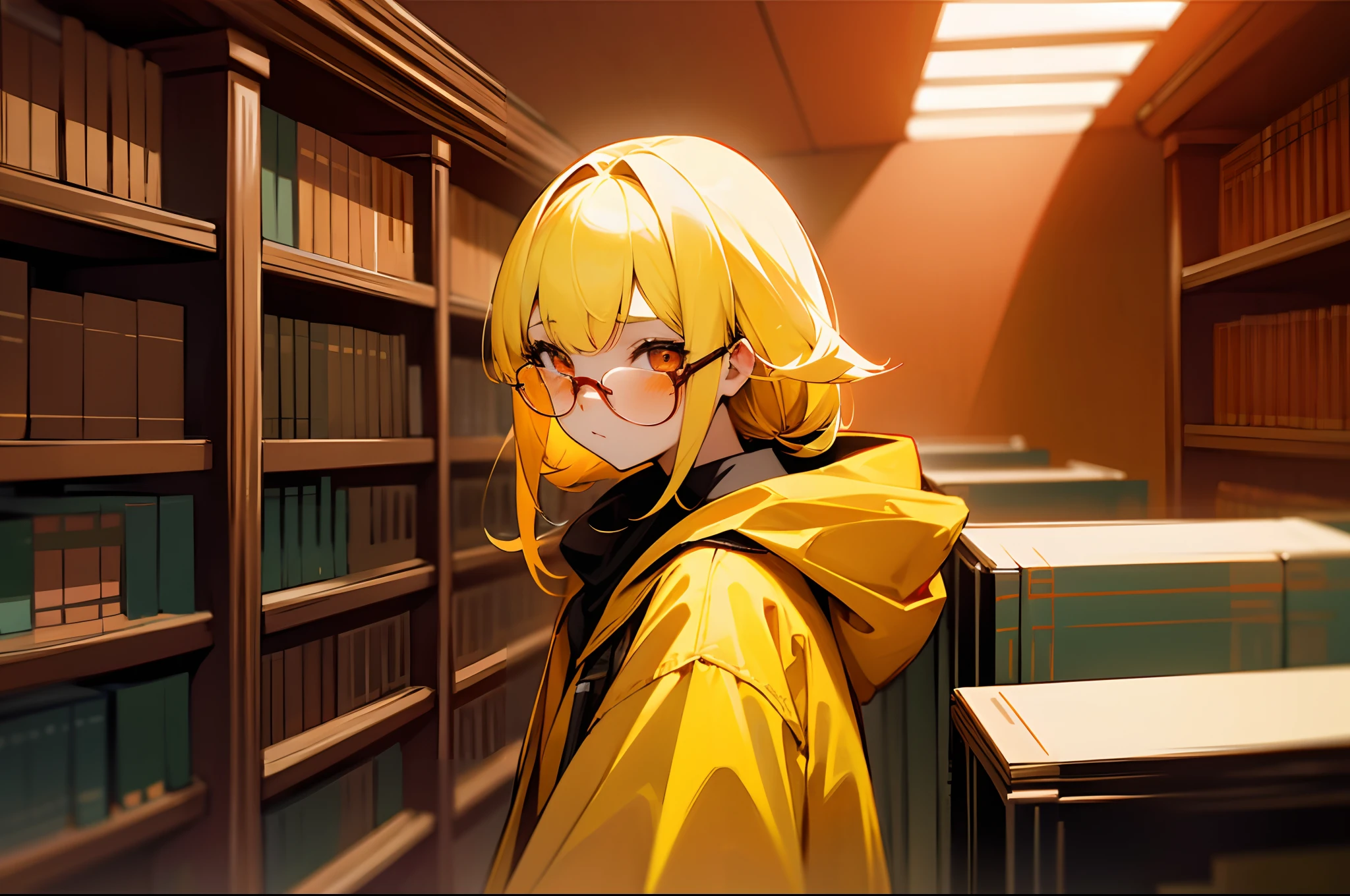 bookshelves,libraryai,Yellow hair,teens girl,red color eyes,red-tinted glasses,Yellow jacket