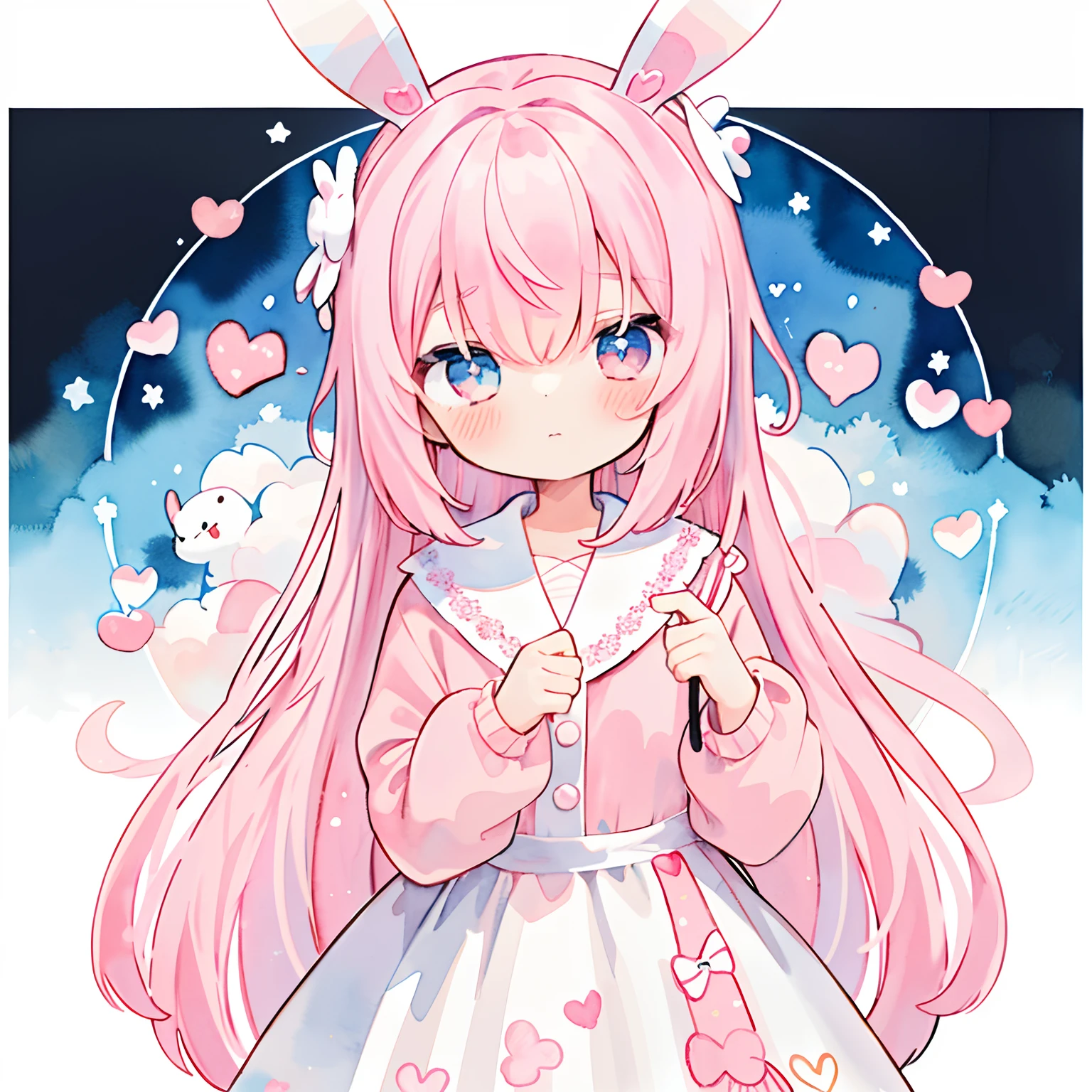 (PastelColors:1.5)、(Cute illustration:1.5)、(watercolor paiting:1.2)、(1 girl:1.0)、hair between eye、(Color: 1.5), (Cute illustration: 1.5), (watercolor paiting: 1.2), (1 girl: 1.0), (1 girl: 1.2), hair between eye, White background, (Color: 1.5), (Cute illustration: 1.5), (watercolor paiting: 1.2), (1 girl: 1.0), (1 girl: 1.2), hair between eye, White background, girl, Whole body espian, Rabbit Girl, Rabbit tail, Puffy skirt design, Design with a rabbit atmosphere, Style, Double Layer Light Pink Dress Skirt, Sparkling Heart, Shake your hair, Calm、kawaii、White Boa Jumper, Rabbit ears、Light pink hair, Rabbit elements、Like a VTuber、charicature