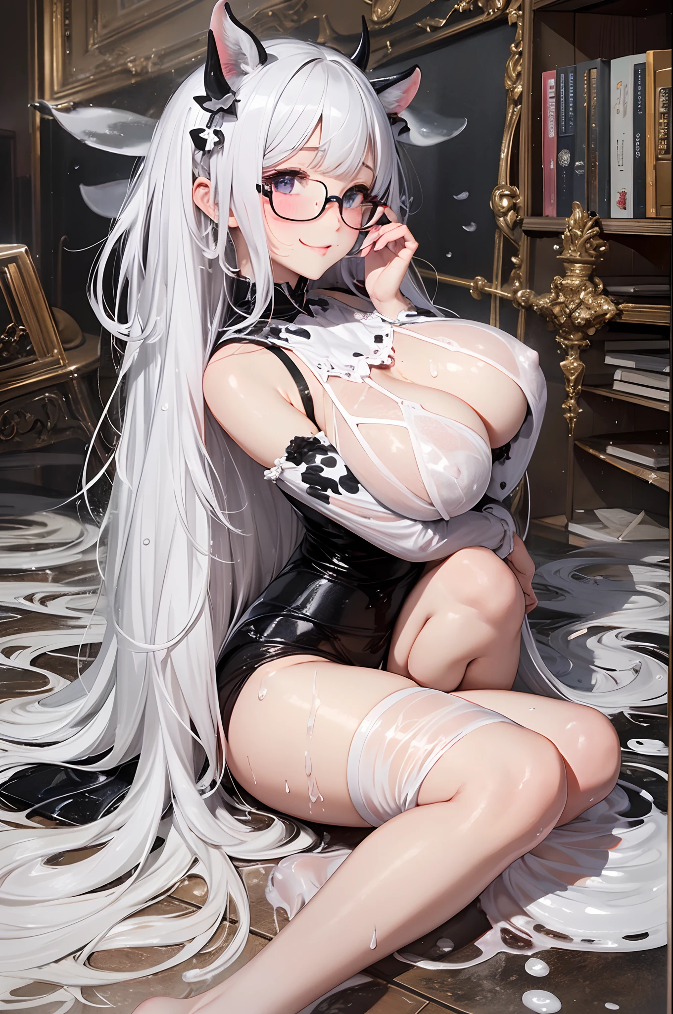 16K Ultra High Definition
Super detailed
Masterpiece Full Color
Shiny detailed hair
Beautiful human woman with long gray hair
Super big breasts beautiful breasts、Sleeping on the floor、A large amount of white slime on the floor、Large translucent white slime on the chest、Countless white slimes on the thighs、Books are cluttered、Books and bodies are very wet、
Sexy little underwear with black and white cow print、Pink 、
Cow ears and cow small horns
Shiny skin
Red cheeks
Moist eyes and embarrassed expression
Wearing glasses
tongue、Seduce with a bewitching smile
The background is the library