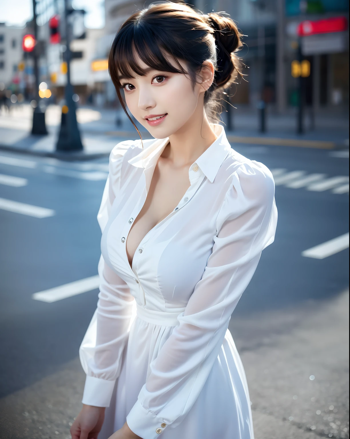 (masutepiece:1.3), (8K, Photorealistic, Raw photo, Best Quality: 1.4), Japanese, (1girl in), Beautiful face, (Realistic face), (Black hair), Beautiful hairstyle, Realistic eyes, Beautiful detailed eyes, (Realistic skin), Beautiful skin, Attractive, 超A high resolution, A hyper-realistic, Highly detailed, Golden ratio、 Show from the hips to the shoulders, Beautiful detailed skin, (Cute:1.2), (Black hair), ((JPOP Idol)), (upper thigh:0.6), (depth of fields),Soft light, Lens Glow, Looking at Viewer, (drooping eyes:1.2), Straight teeth,Smile, Floating hair, (a blond:1.2), Brown eyes, Movie Scene, Cinematic, fulcolor, 4K, 8K, 16 K, Raw photo, masutepiece, professionally color graded, Professional Photography, cleavage,High Girl, Hair UP, think,(Sweat,Sigh)1.2,(blush,Open mouth)1.3,soft clean focus, Realistic lighting and shading, (an extremely delicate and beautiful art)1.3, Elegant,Active Angle,Dynamism Pose, Photorealistic, (One pretty girl:1.1), hight resolution, ultraclear, Sharp Focus, ,Cosplay, slim, Sheer white cloth,White hair, High Ponytail, (Off-white damask long-sleeved shirt dress:1.3), (Thom Brown Design Dress:1.4), (hyper detailed background, Detail Background: 1.3), Bokeh, depth of fields, China City Street, No one in the background,