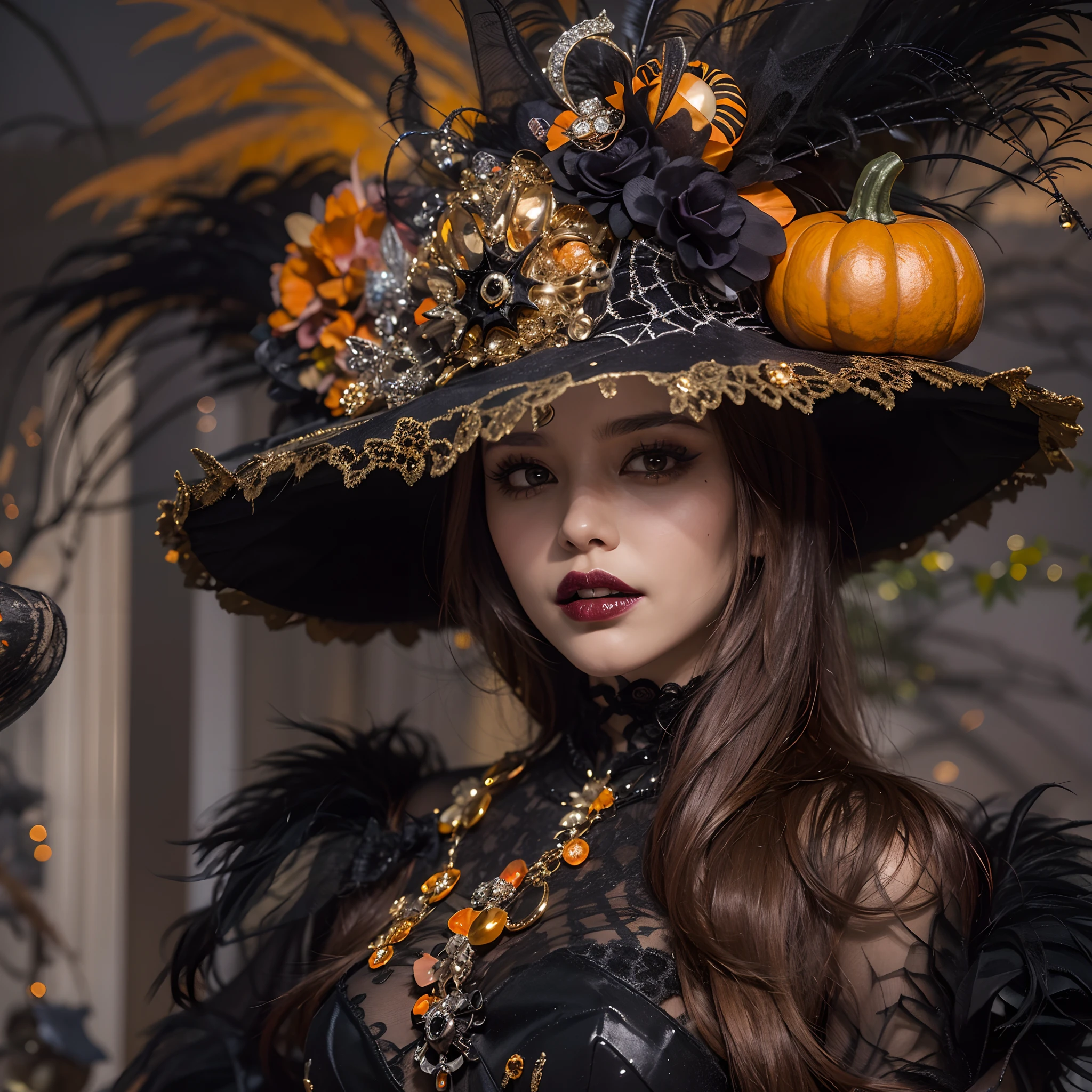 A Halloween-themed hat,Luxurious,sparkling gemstones,feather-adorned,Halloween colors,(On the model),Decorated with skulls and spiders,(luxury brand),vibrant hues,elegant,Eye-catching,Gold accents,Lace trim,(Velvet fabric),Sparkling sequins,(In the boutique),Dramatic,(pumpkins),Personalized pieces,magical,Enchanted,attention-grabbing,Artistic,Holiday touch,Strong presence.((Best quality,Masterpiece:1.2,photo-realistic:1.37,Halloween:1.2))