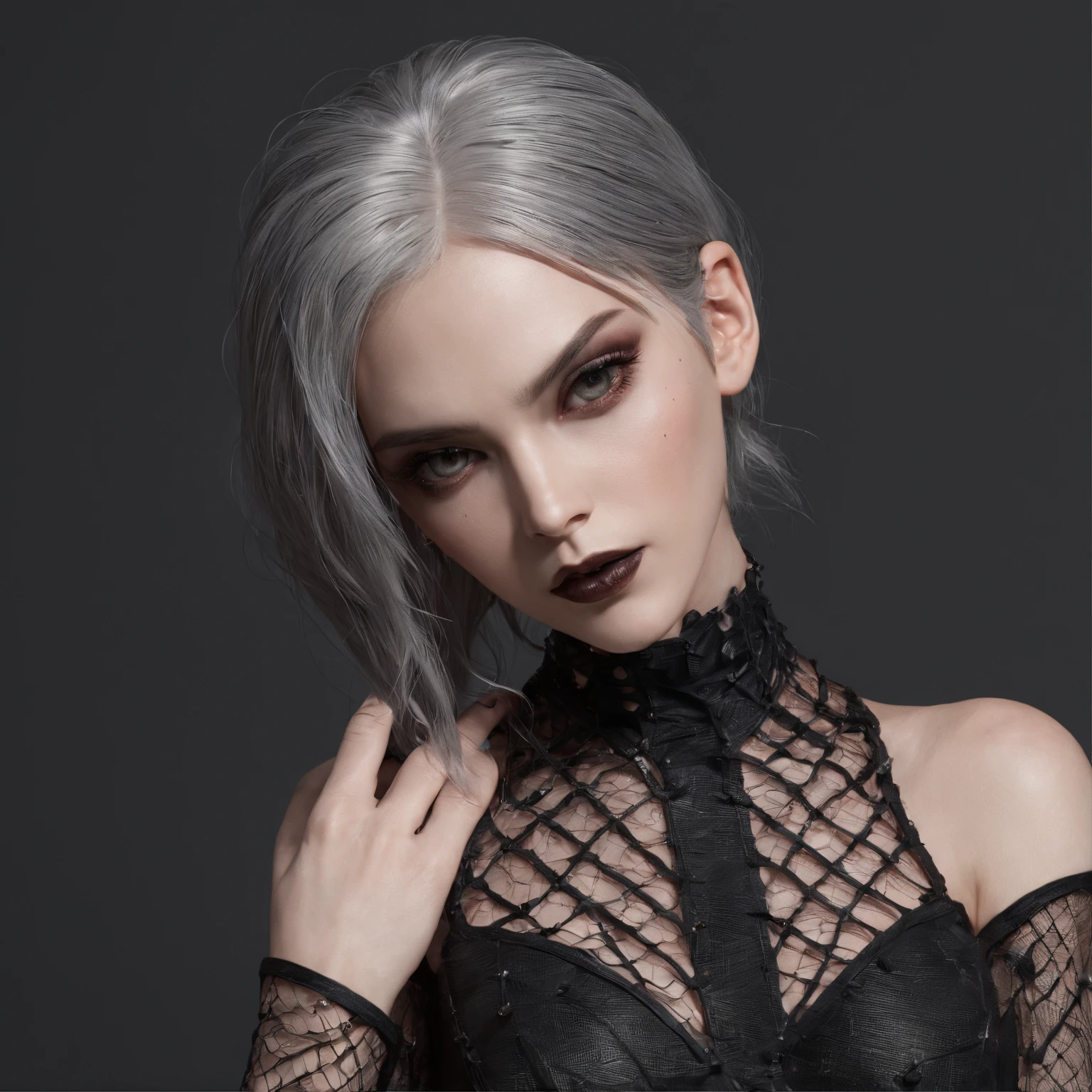 This digital illustration is an absolute masterpiece of top quality. With a stunningly beautiful and dark portrayal of the female form, it captures the essence of perfection. The intricate details and ultra-detailed 8k resolution make it a true work of art. The thick lineart, rated at 1.2, adds depth and intensity to the finely detailed portrait. The choice of a black backdrop adds to the captivating allure of this madgod creation. with gothic net symbolic clothes, 。.com (Barbed wire of the body) brunette color hair，Gray hair ends