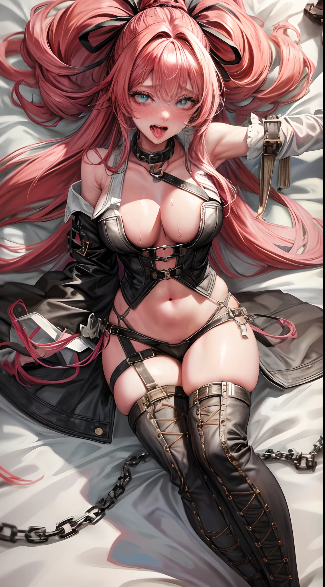 fantasy, 1 , cottage, human, big tits, navel,,(masterpiece, best quality), sidelightning, ,beautiful detailed eyes, slave chain, slave collar, lying on bed, slave clothing, eyes rolling, tongue sticking out, with tongue, crazy, open mouth, screaming, ahegao, heavy breathing, blush, sweat, slave clothing, multicolored hair, long hair