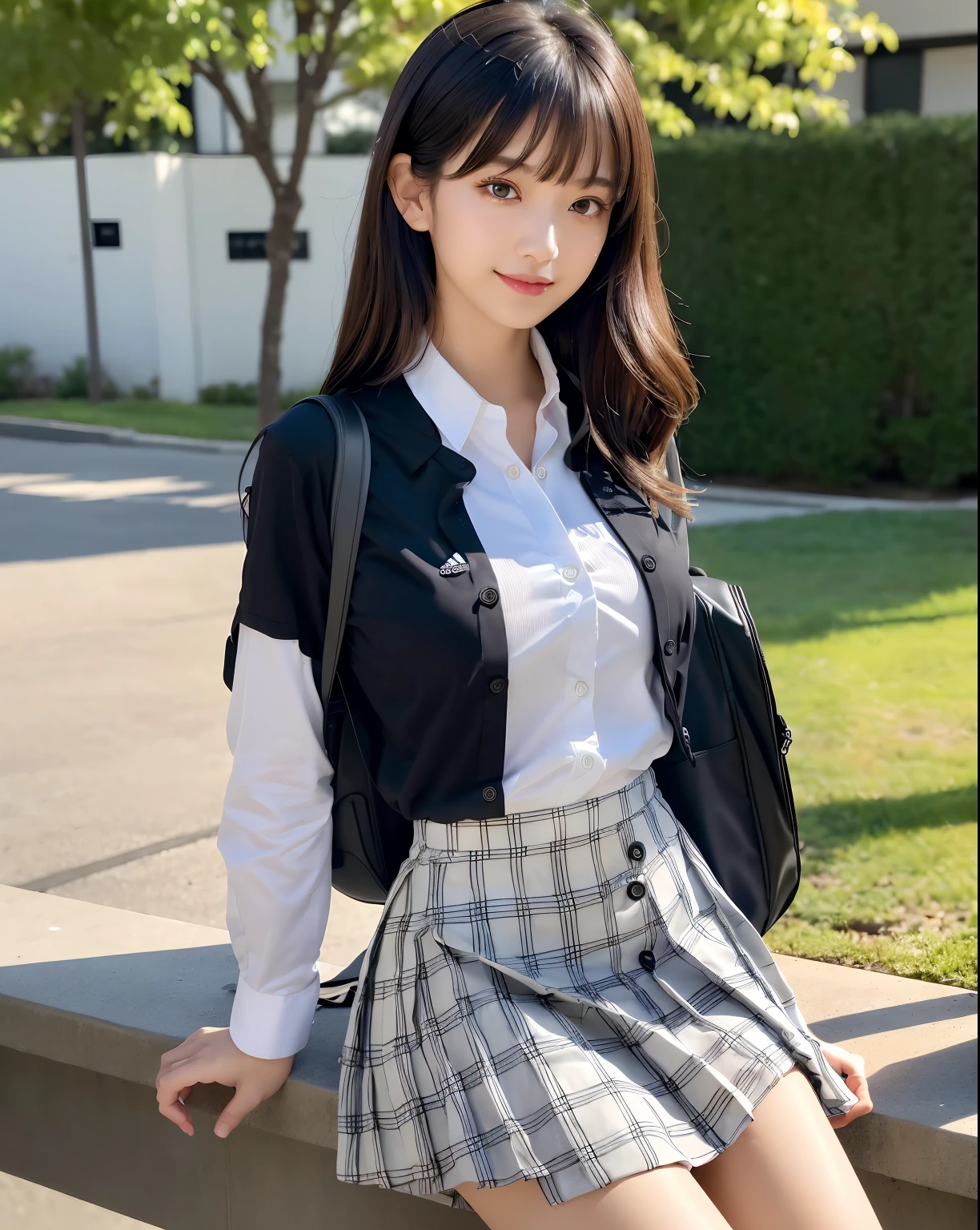 (masutepiece:1.3), (8K, Photorealistic, Raw photo, Best Quality: 1.4), Japanese, (1girl in), Beautiful face, (Realistic face), (Black hair), Beautiful hairstyle, Realistic eyes, Beautiful detailed eyes, (Realistic skin), Beautiful skin, Attractive, 超A high resolution, A hyper-realistic, Highly detailed, Golden ratio、(Fair skin:1.2), Glowing eyes, (Faint lips:1.2), (Suppin breeze:1.3), (Medium Messy Hair, Bangs:1.3), (Brown eyes), (slender), (flat chest:1.4), (Face and leg shots:1.3), (Standing, Side view), (Smile:1.2), (White Long Sleeve Button-Down Shirt, Black School Ankle Socks, Adidas_sneakers, Plaid pleated midi skirt, School Bow Ties:1.3), (rucksack:1.2),(japanaese girl:1.2), (Idol:1.3)