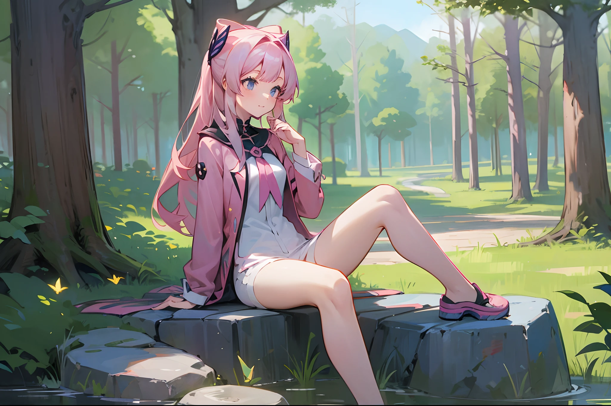 A pink-haired,bit girl,ln the forest,sitting on the stone,Butterflies in the air