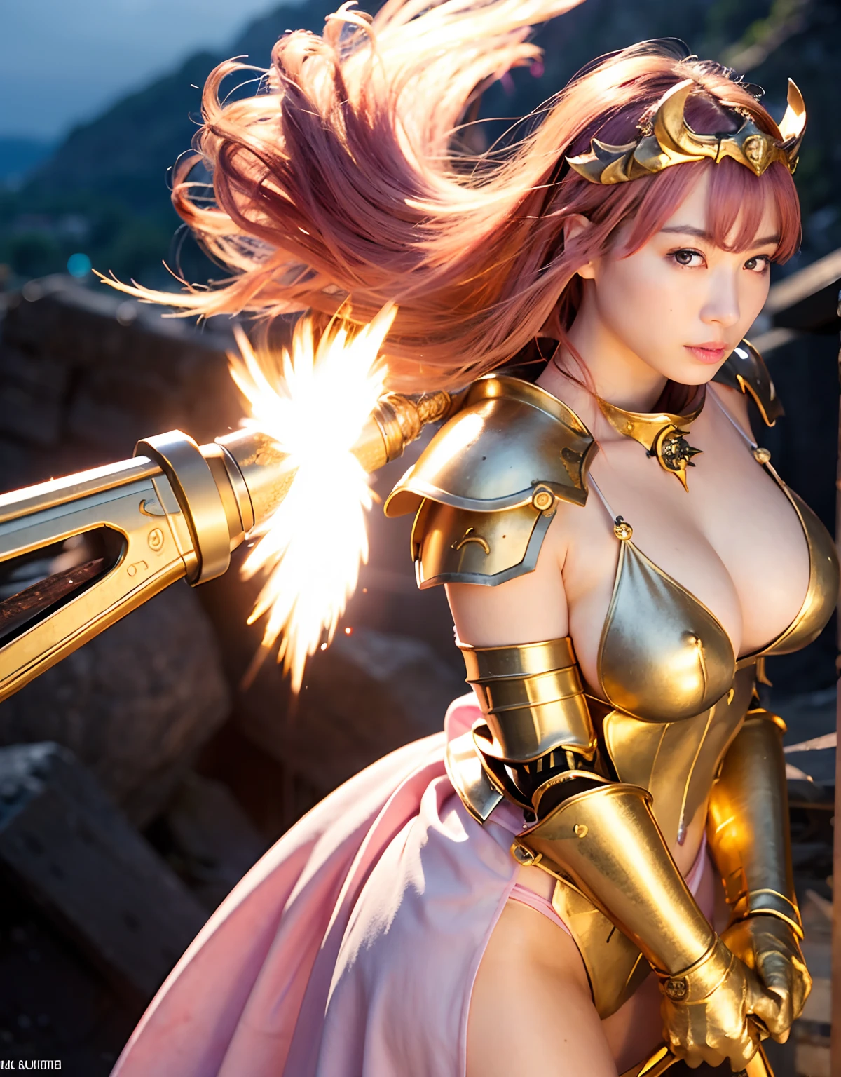 Professional , masterpiece、top-quality、photos realistic , 、top-quality、超A high resolution、(Photorealsitic:1.4)、Raw photo、depth of fields (Gemstone Gold Metal Body:1.9),(Matte White、Toostock、heavy breasts、(cleavage of the breast)、(((Micro Bikini Armor))),(Detailed Dragon Armor)、(Have the strongest weapon)、((Random Hairstyles 1.6),Dark Fantasy,)explosions、intense fighting、(Precipitous cliffs),Dragon Gold Weapon,Mystical expression、Particles of light、Fight dragons、(Detailed Dragon Helmet),Gorgeous Silver Weapons ,(( Dragon's dense and gorgeous sword)) , Beautiful knife ,warhammer 40k ,Detail and gorgeous tiaras、((Pink hair))、(Castle background)、、((Gangle's forest background))、Beautiful Caucasian beauty、1a person、dynamic ungle,(((With detailed shielding)))、Smaller head、A smile、Castle background、Thin and beautiful female hands、cleavage of the breast、Soldier in iron armor on background、Mystical expression、Light Effects、intense fighting、Wind-effect、magic circles、With the legendary magic wand、(huge-breasted)、Toostock、